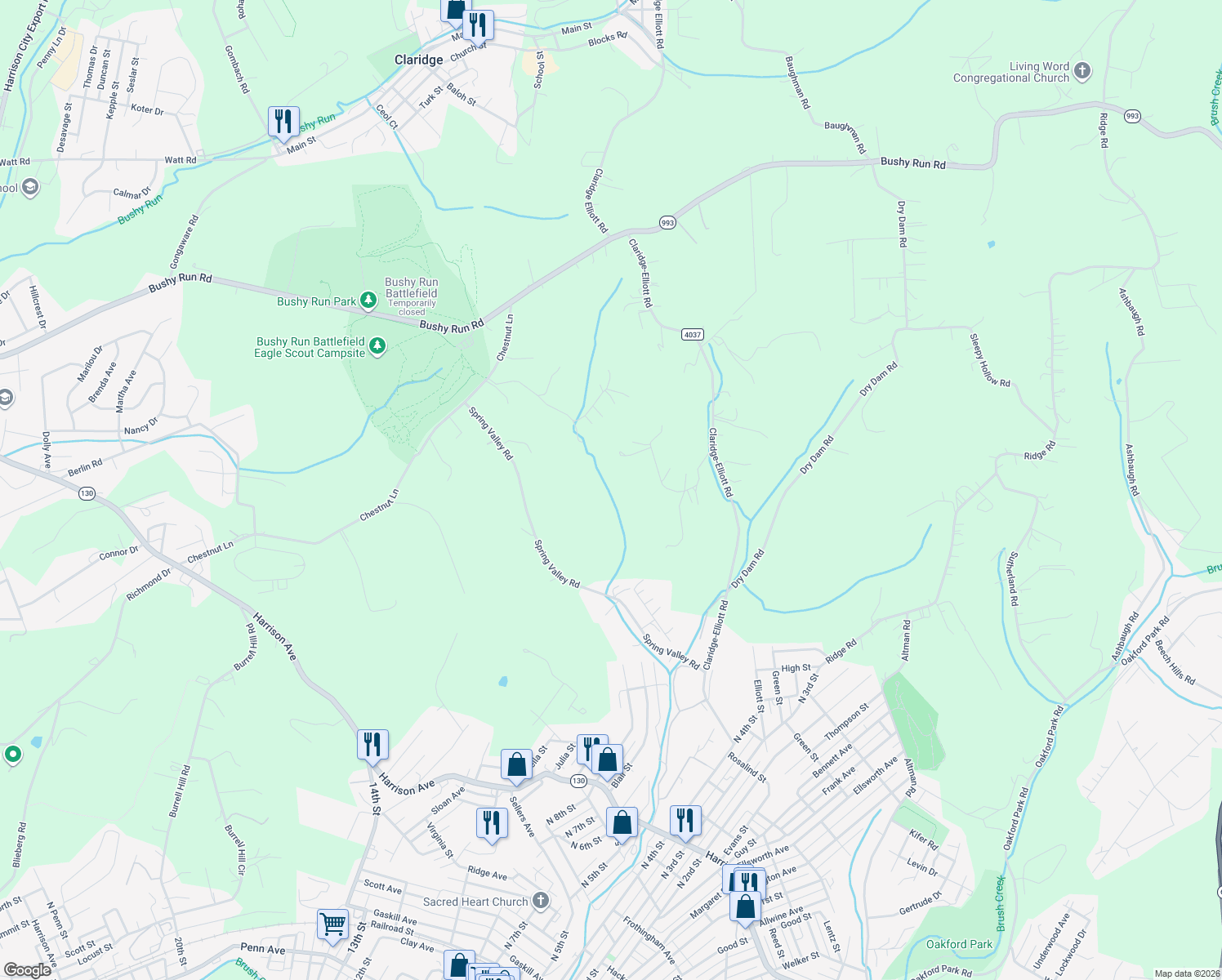 map of restaurants, bars, coffee shops, grocery stores, and more near 1001-1099 Christifano Lane in Jeannette