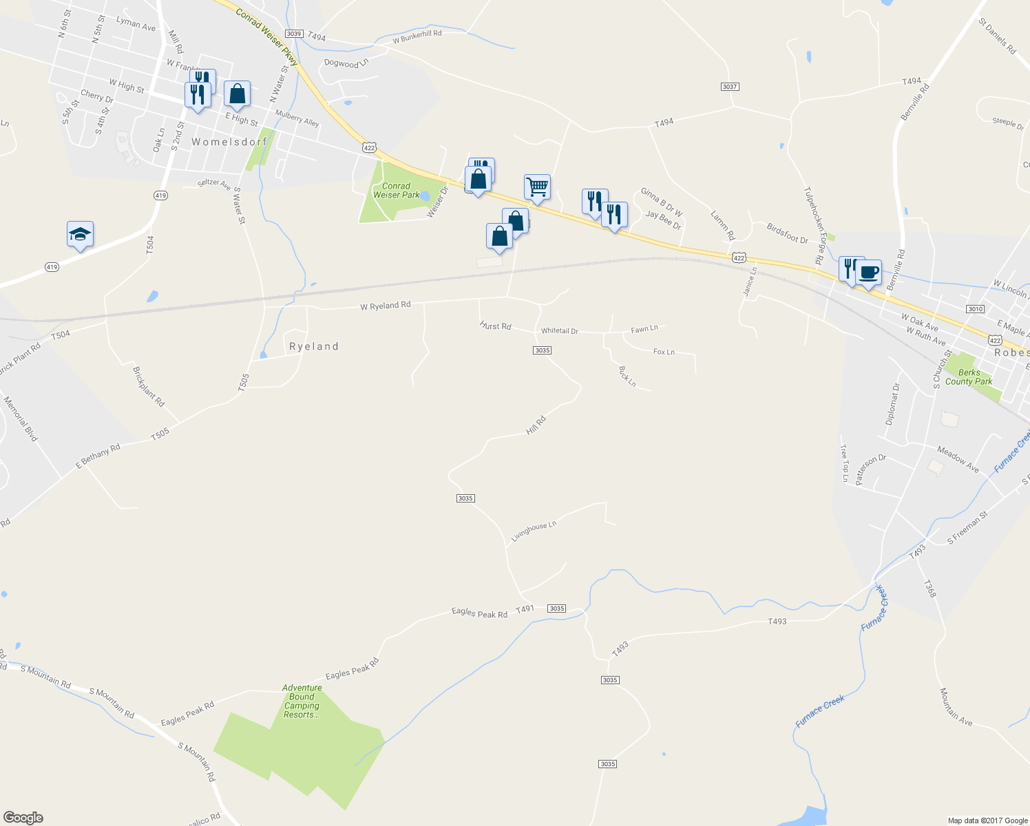 map of restaurants, bars, coffee shops, grocery stores, and more near 674 Hill Road in Robesonia