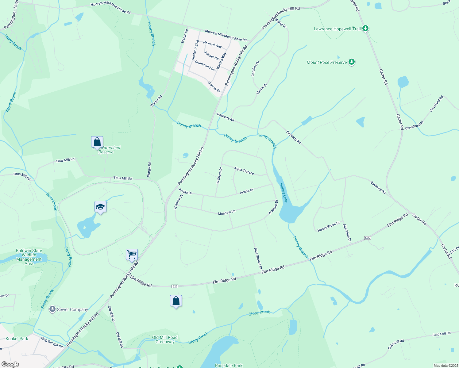 map of restaurants, bars, coffee shops, grocery stores, and more near 3 Western Pine Street in Pennington