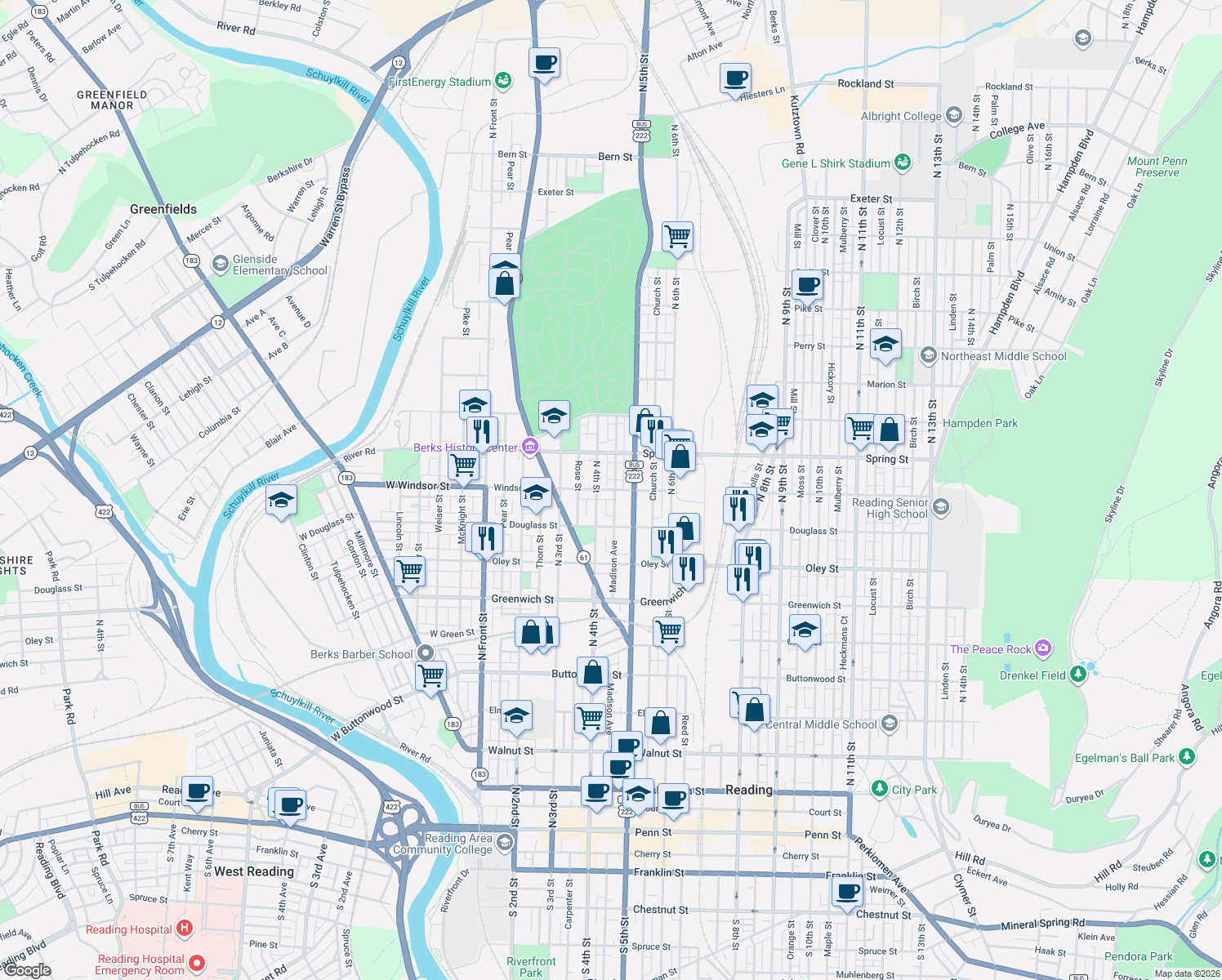 map of restaurants, bars, coffee shops, grocery stores, and more near 418 Windsor St in Reading