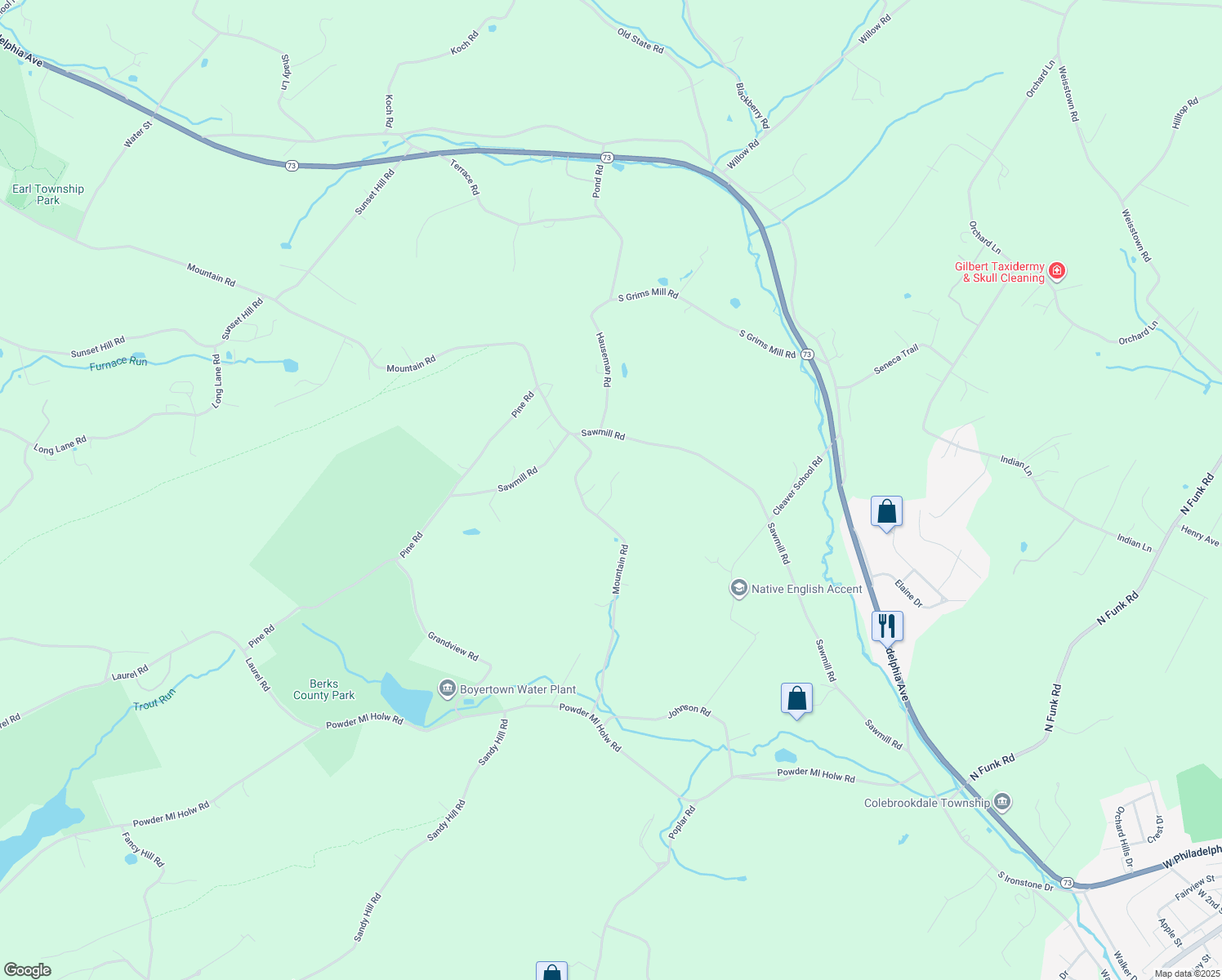 map of restaurants, bars, coffee shops, grocery stores, and more near 258 Mountain Road in Boyertown