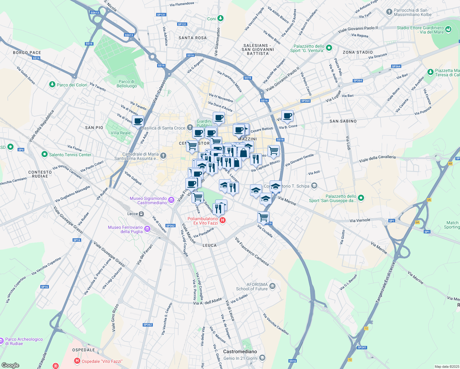 map of restaurants, bars, coffee shops, grocery stores, and more near 60 Via Giovanni Antonio Orsini del Balzo in Lecce
