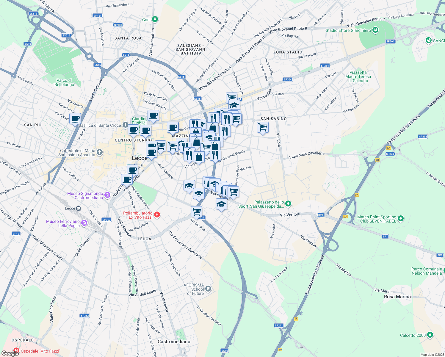 map of restaurants, bars, coffee shops, grocery stores, and more near 32 Via Catalano Giaovandomenico in Lecce