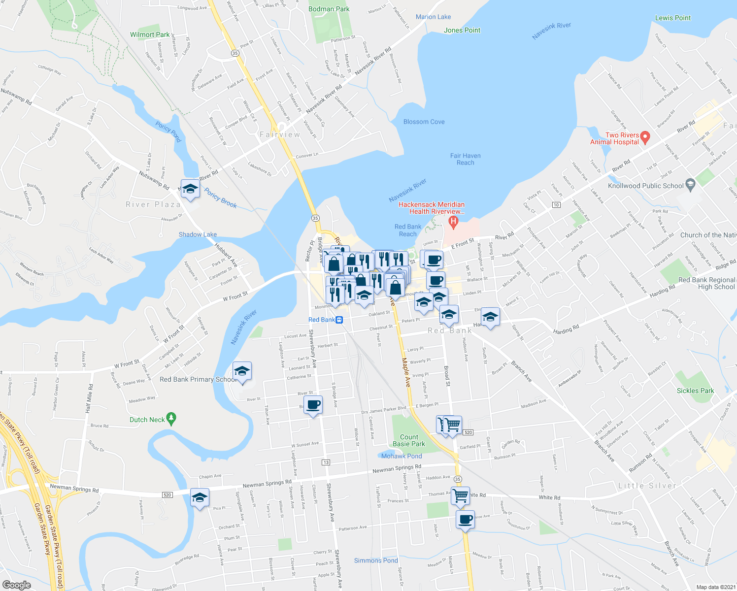 map of restaurants, bars, coffee shops, grocery stores, and more near 120 Monmouth Street in Red Bank