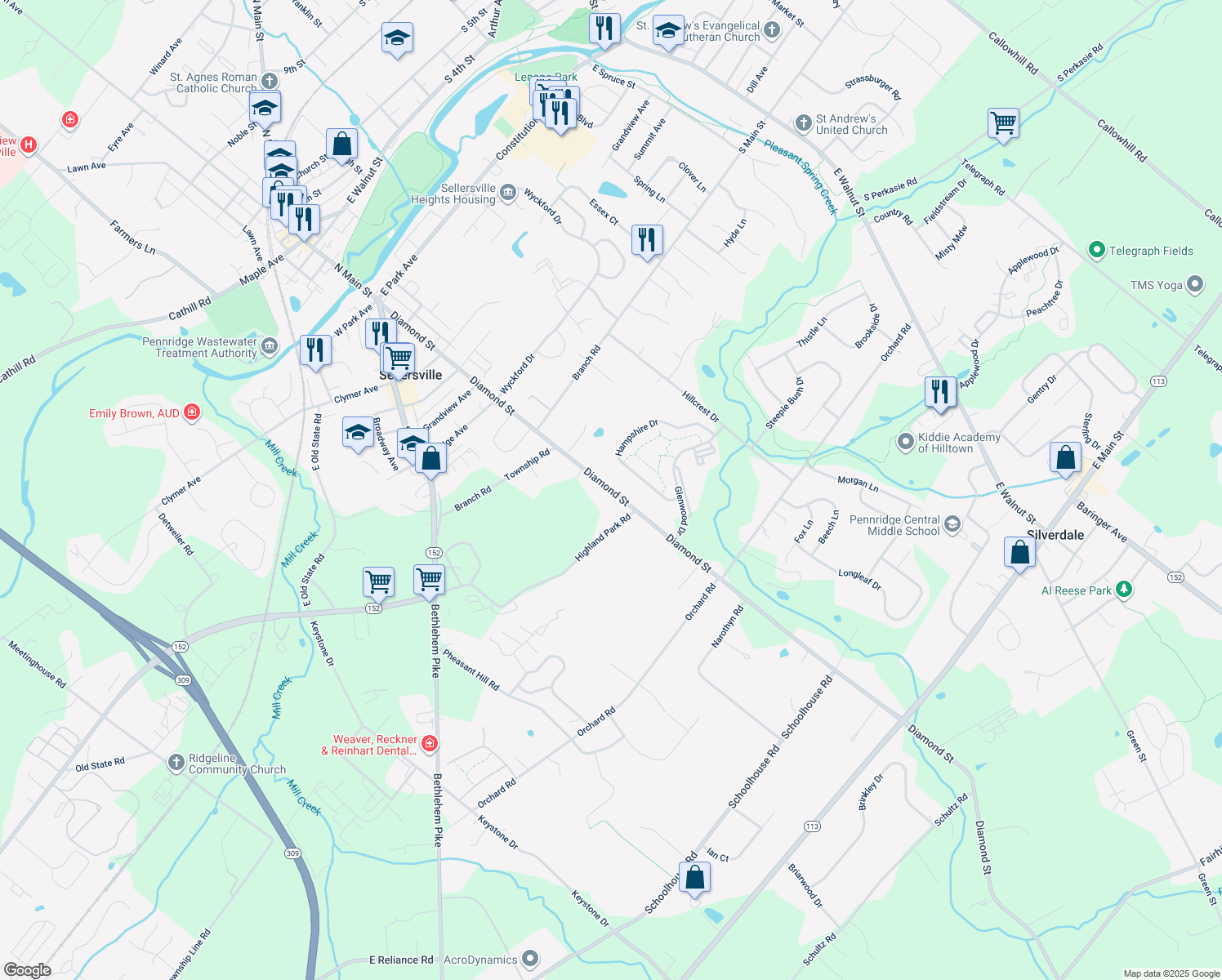 map of restaurants, bars, coffee shops, grocery stores, and more near 719 Diamond Street in Sellersville