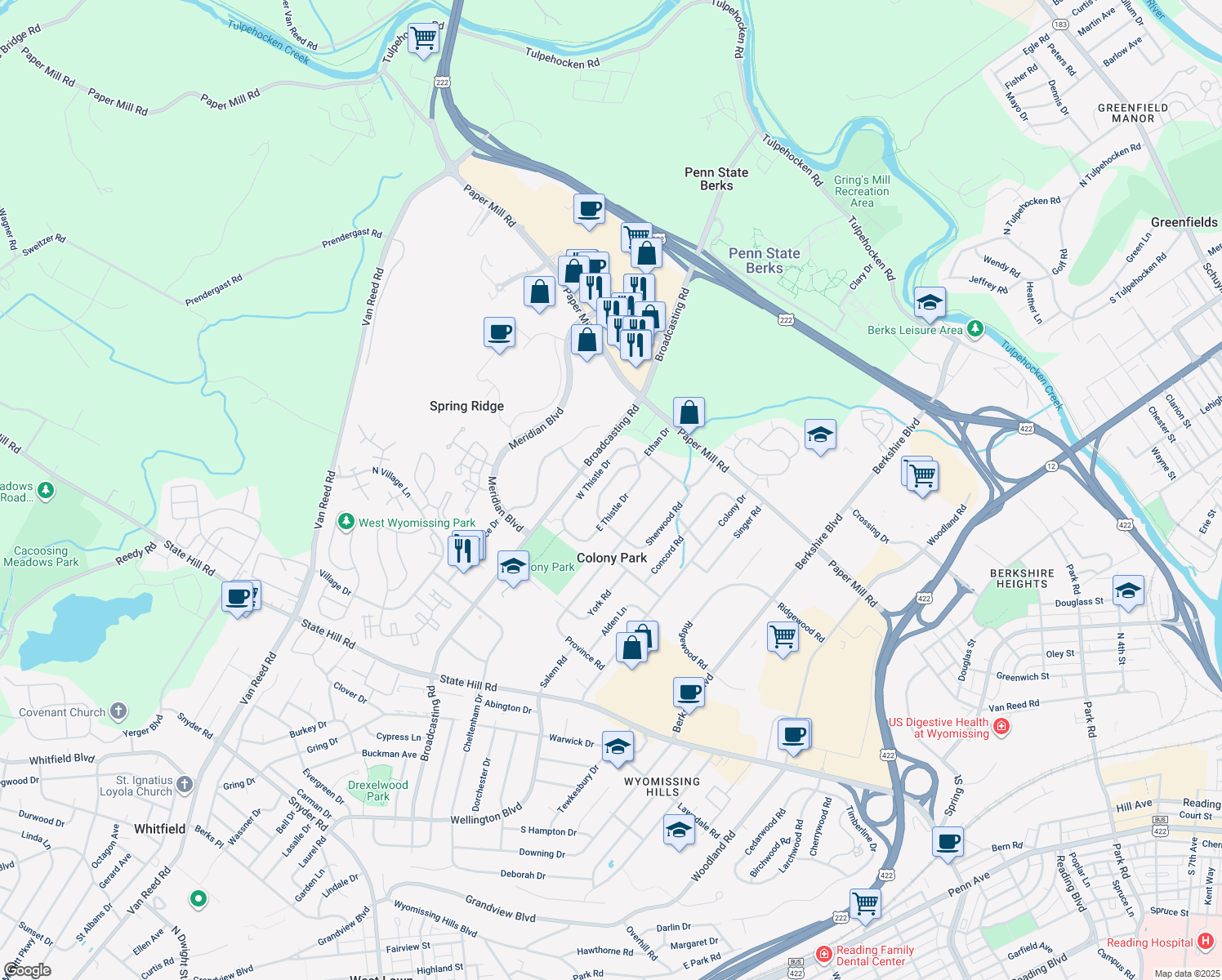 map of restaurants, bars, coffee shops, grocery stores, and more near 1611 Ethan Drive in Wyomissing