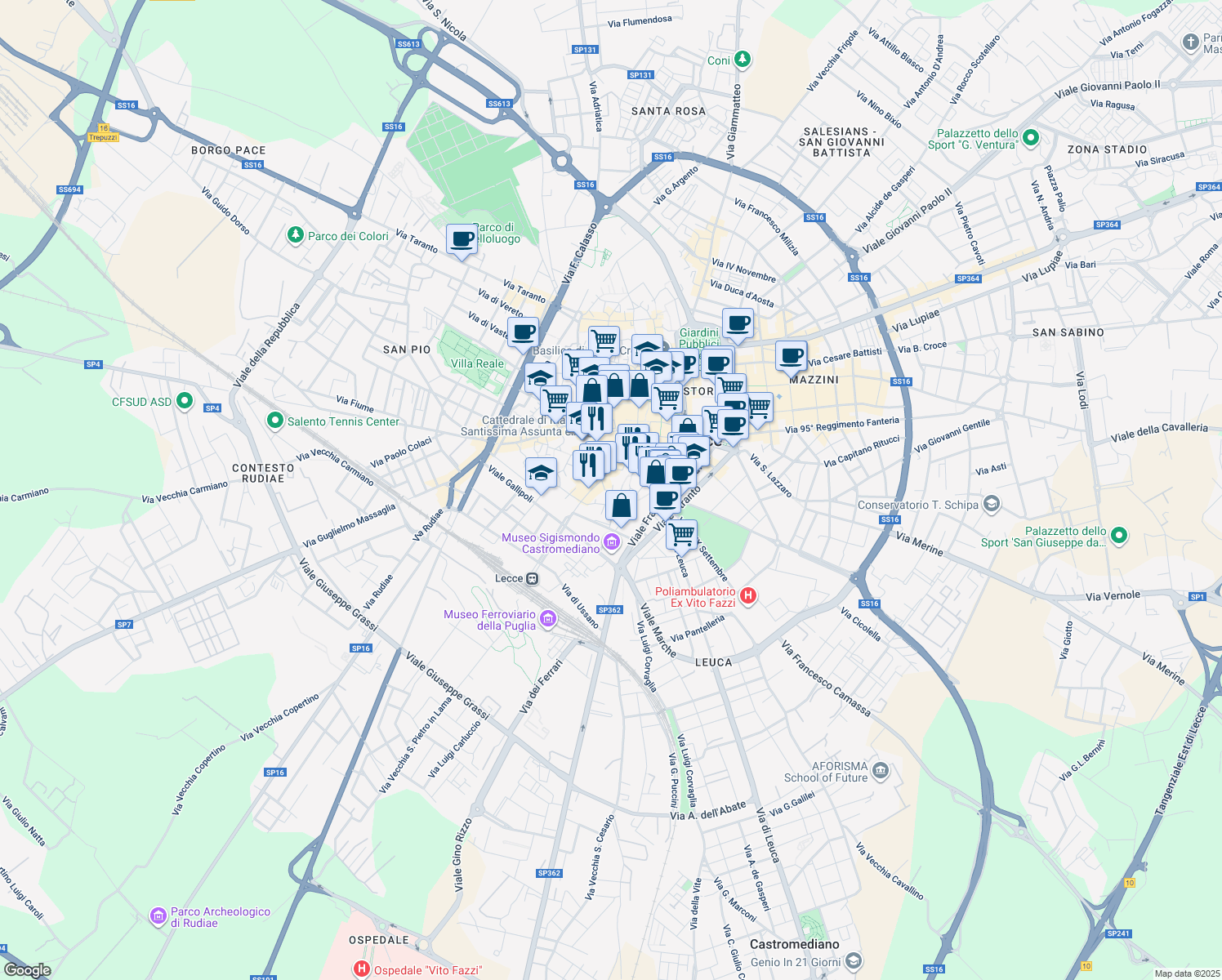 map of restaurants, bars, coffee shops, grocery stores, and more near in Lecce