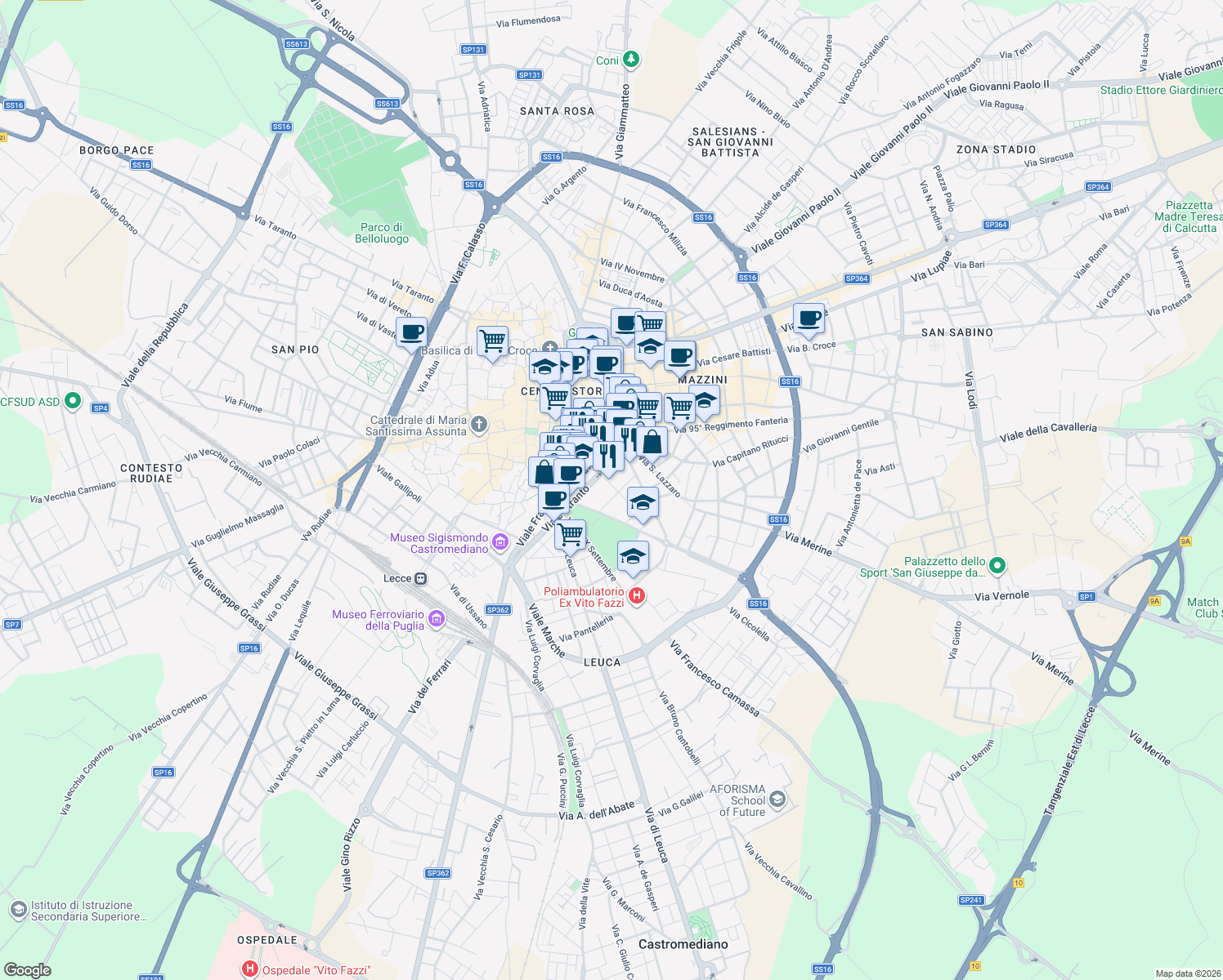 map of restaurants, bars, coffee shops, grocery stores, and more near 52 Viale Otranto in Lecce