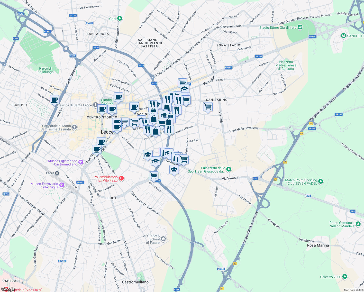 map of restaurants, bars, coffee shops, grocery stores, and more near 32 Via Giandomenico Catalano in Lecce
