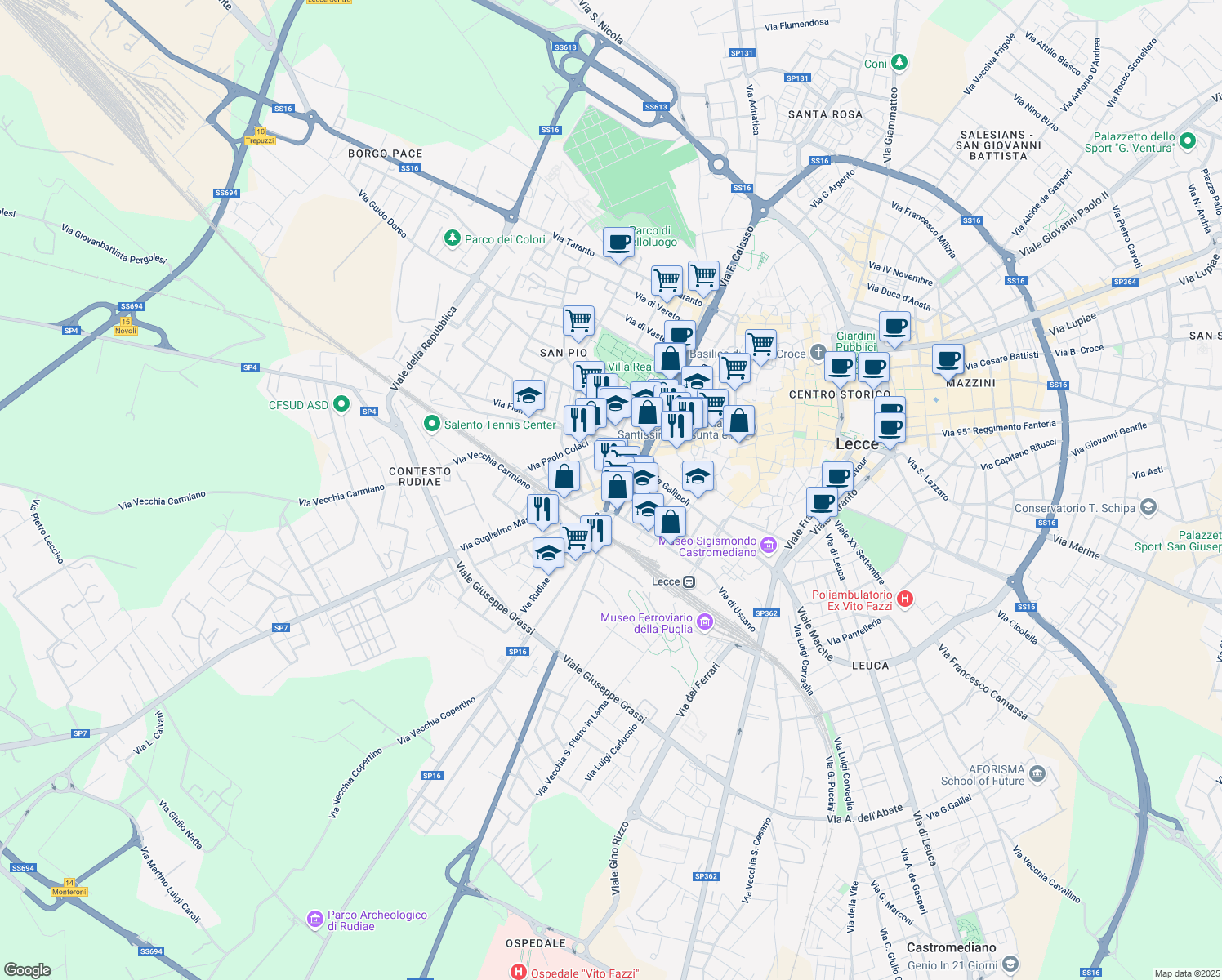 map of restaurants, bars, coffee shops, grocery stores, and more near 24-30 Viale Università in Lecce
