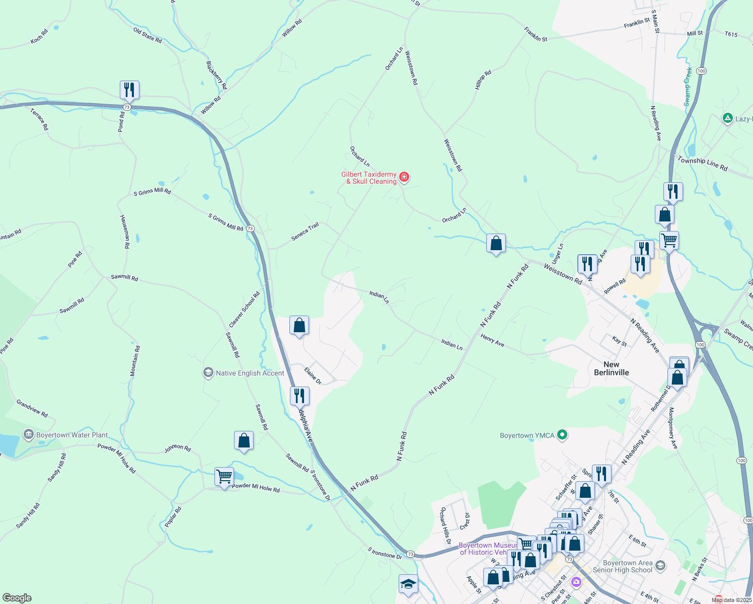 map of restaurants, bars, coffee shops, grocery stores, and more near 261 Indian Lane in Boyertown