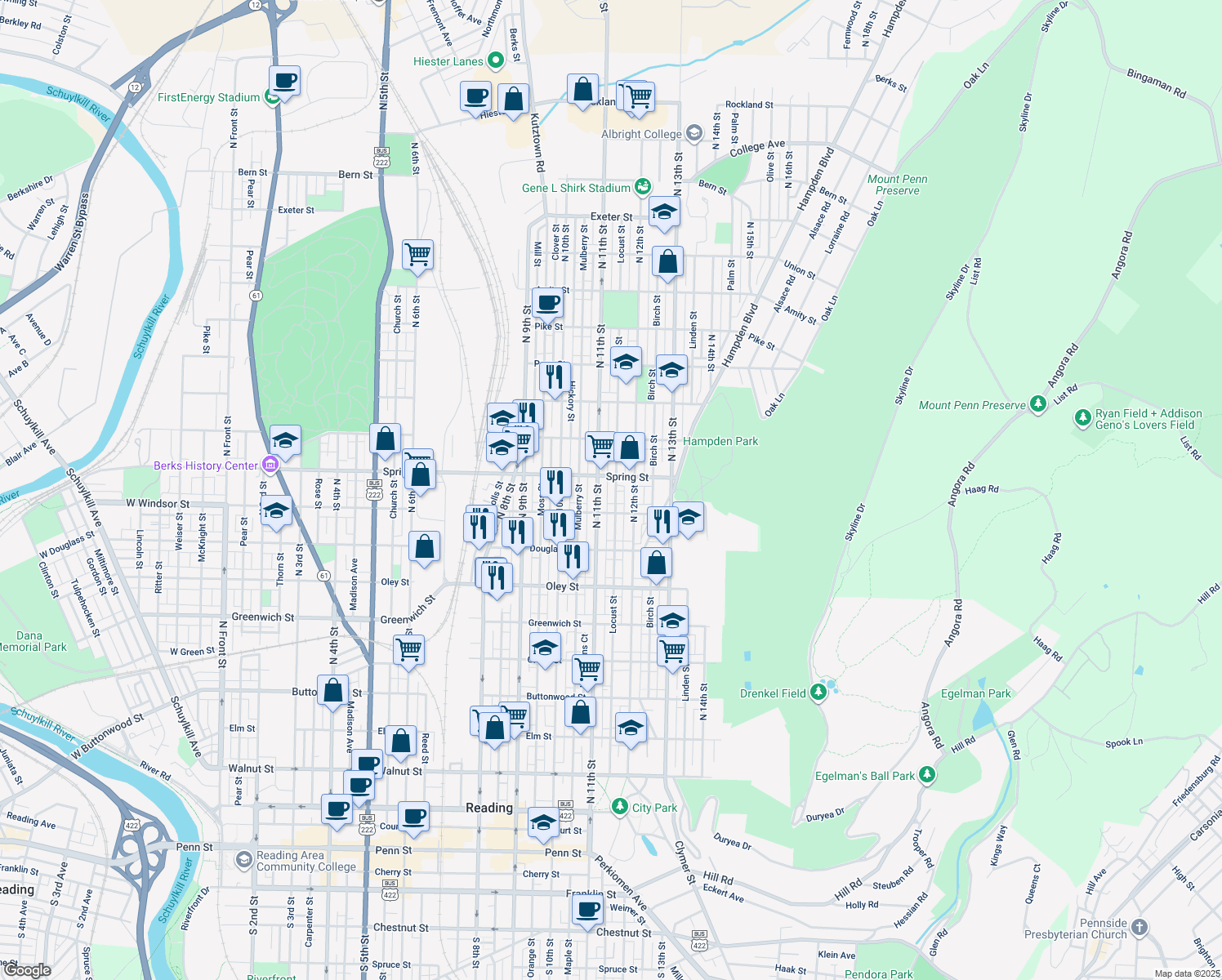 map of restaurants, bars, coffee shops, grocery stores, and more near 934 Locust St in Reading