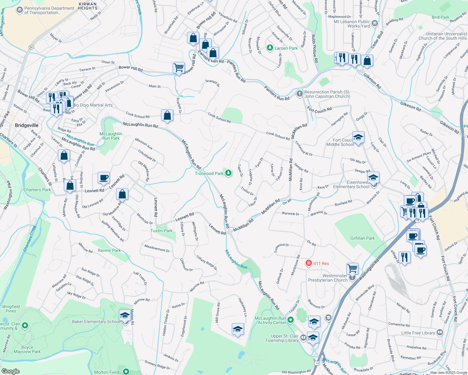 map of restaurants, bars, coffee shops, grocery stores, and more near 1842 Taper Drive in Pittsburgh