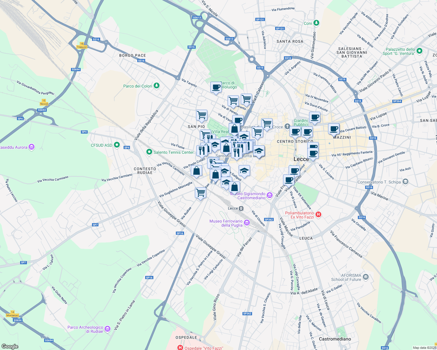 map of restaurants, bars, coffee shops, grocery stores, and more near 13 Viale dell' Università in Lecce