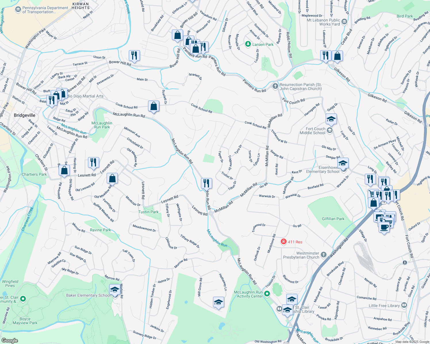 map of restaurants, bars, coffee shops, grocery stores, and more near 1842 Taper Drive in Pittsburgh