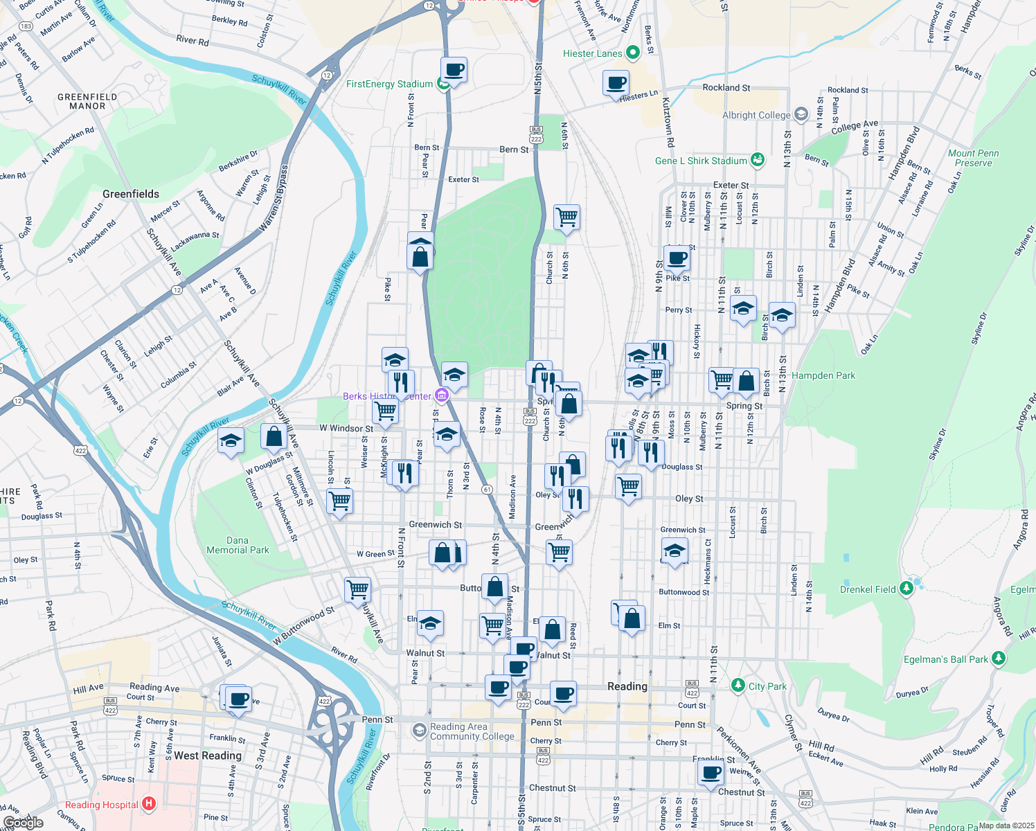 map of restaurants, bars, coffee shops, grocery stores, and more near 933 Madison Ave in Reading
