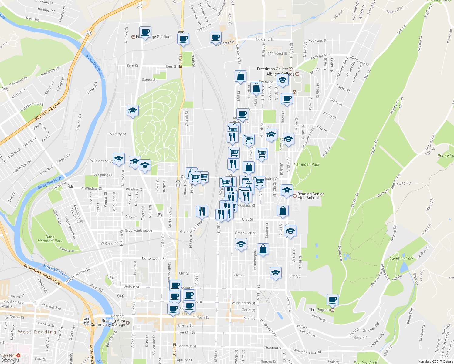map of restaurants, bars, coffee shops, grocery stores, and more near 936 North 8th Street in Reading