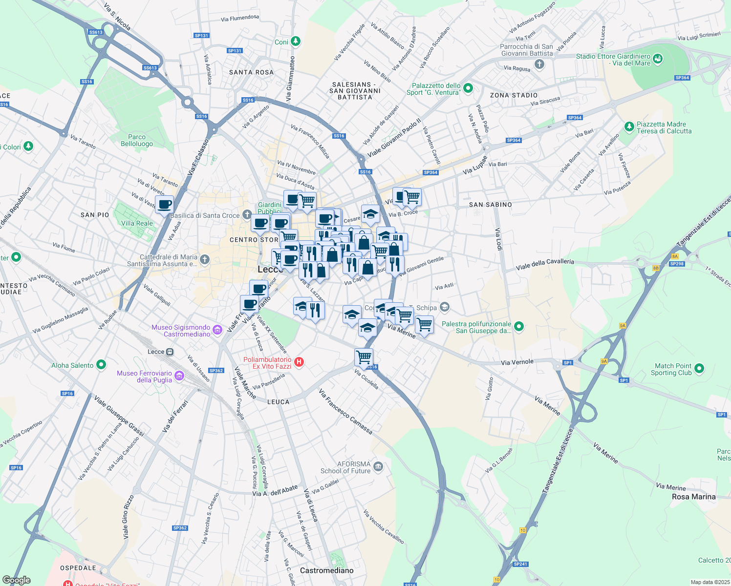 map of restaurants, bars, coffee shops, grocery stores, and more near 5 Via Tito Minniti in Lecce