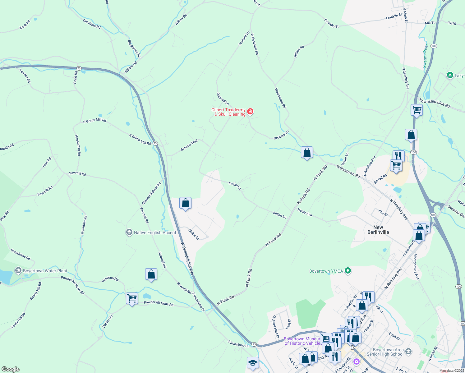 map of restaurants, bars, coffee shops, grocery stores, and more near 261 Indian Lane in Boyertown