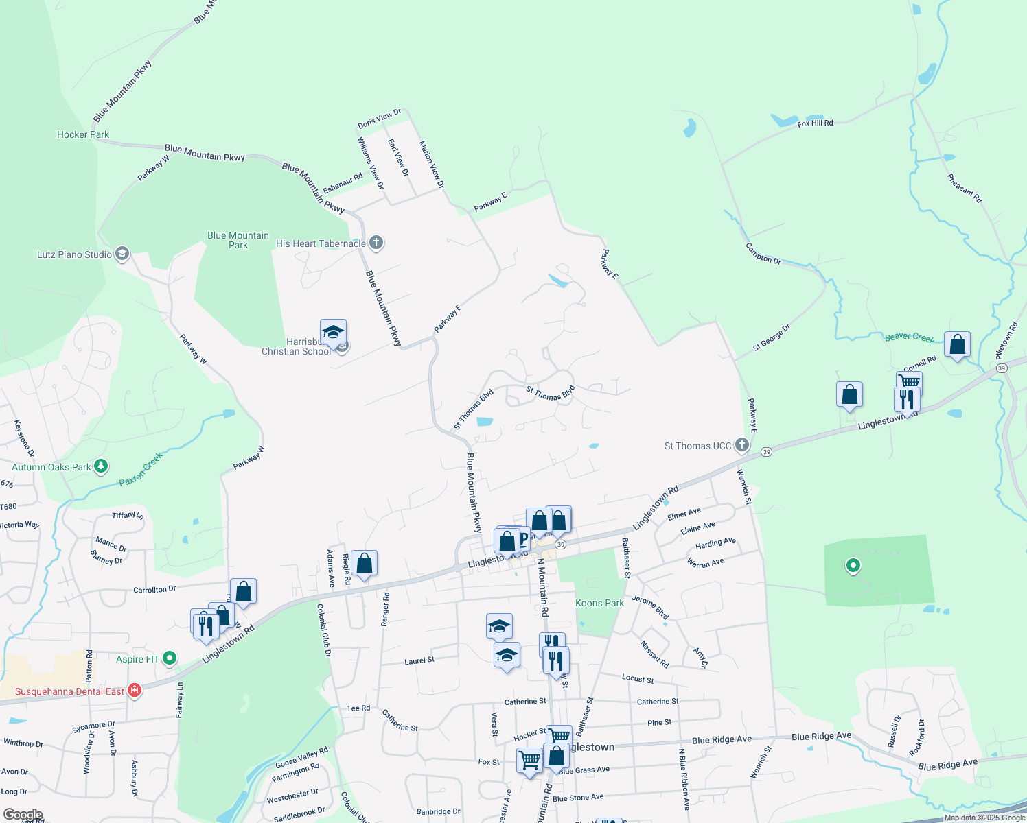 map of restaurants, bars, coffee shops, grocery stores, and more near 5983 Meade Court in Harrisburg