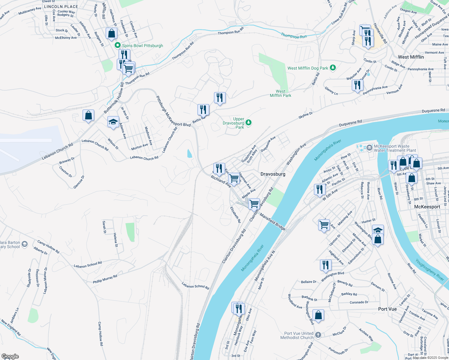 map of restaurants, bars, coffee shops, grocery stores, and more near 404 Richland Ave in Dravosburg