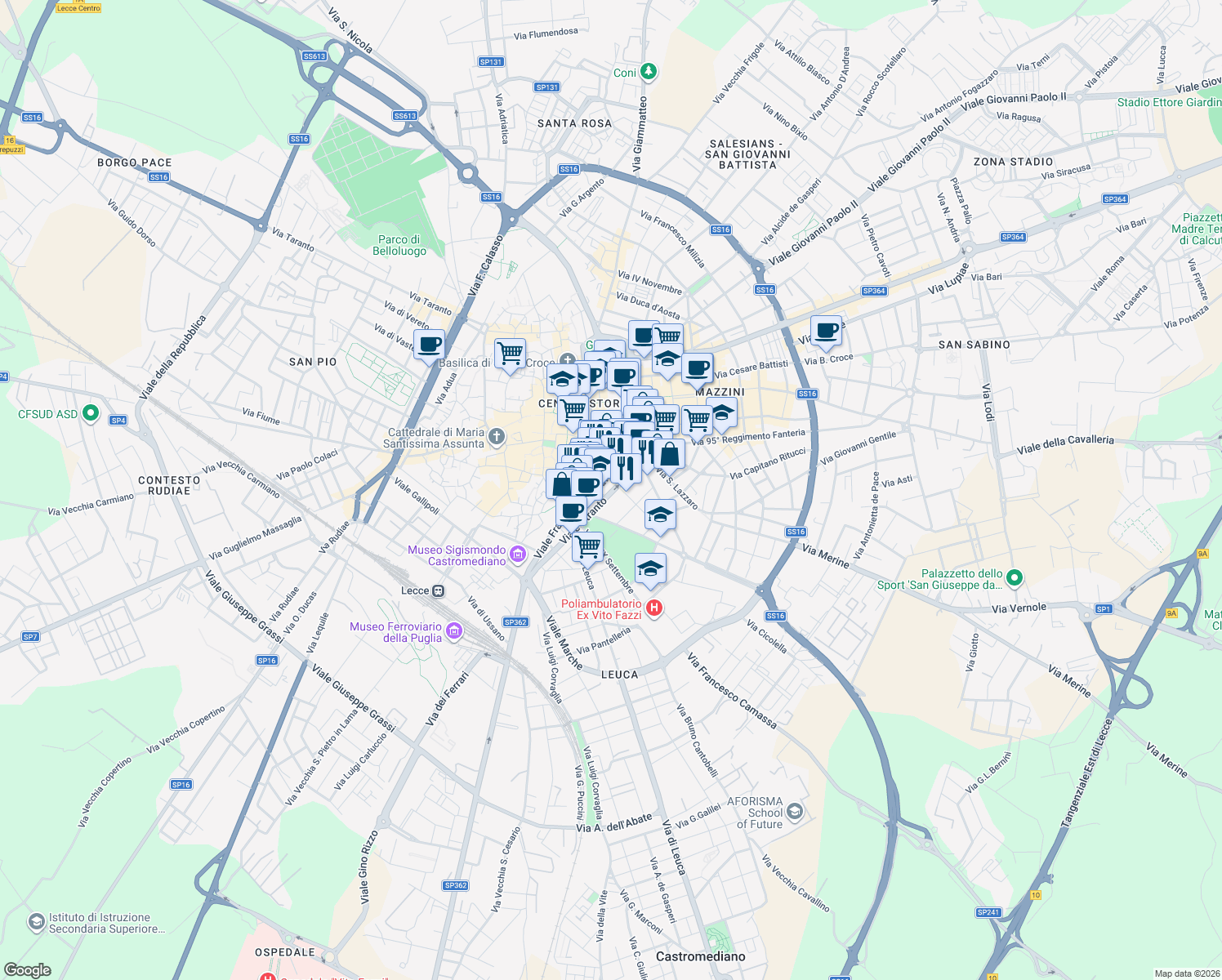 map of restaurants, bars, coffee shops, grocery stores, and more near 52 Viale Otranto in Lecce