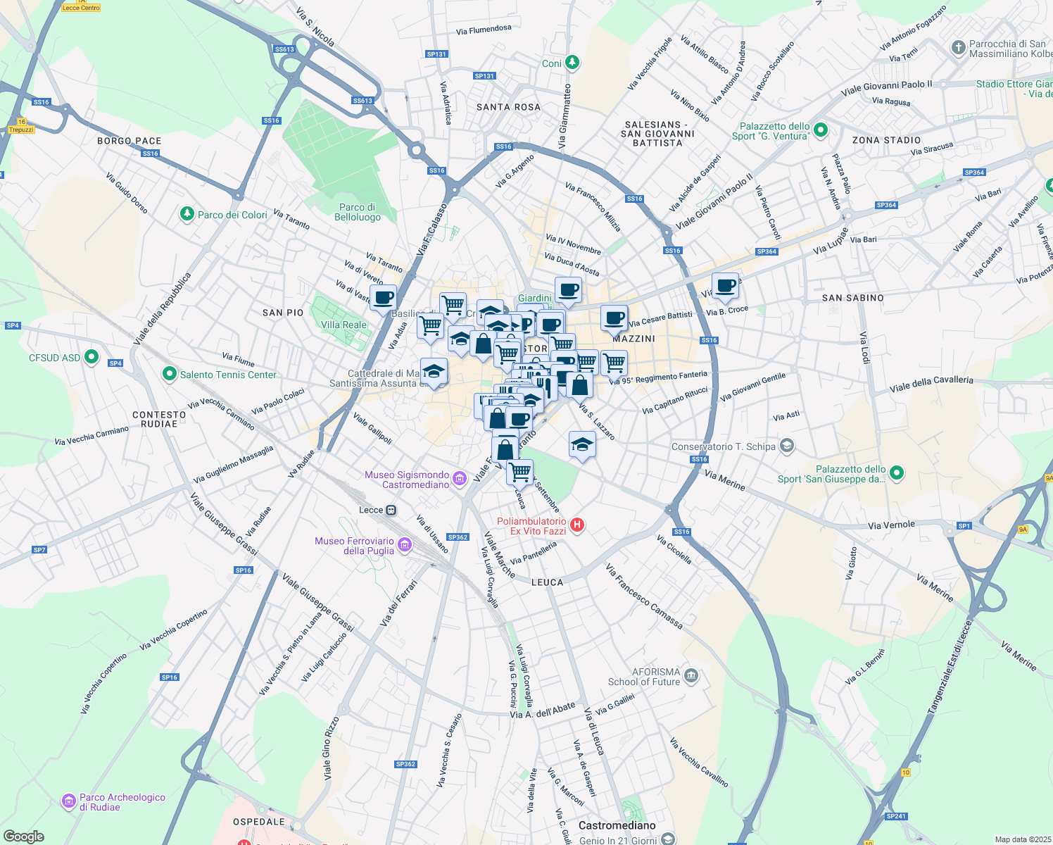 map of restaurants, bars, coffee shops, grocery stores, and more near 6 Via Gaetano Brunetti in Lecce