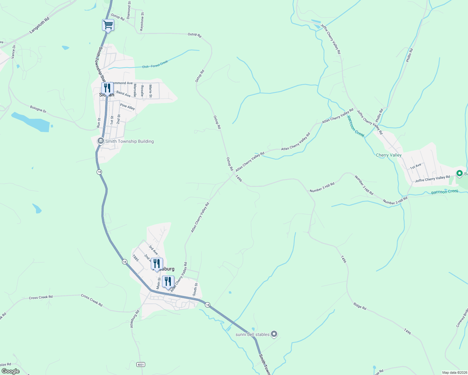 map of restaurants, bars, coffee shops, grocery stores, and more near 190 Atlas Cherry Valley Road in Burgettstown