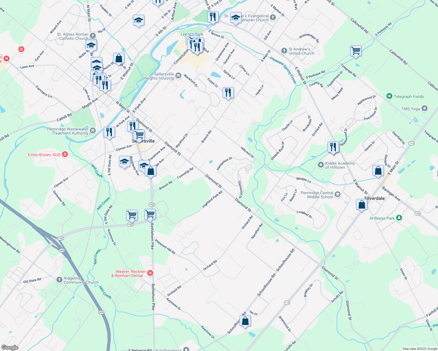 map of restaurants, bars, coffee shops, grocery stores, and more near 248 Hampshire Drive in Sellersville