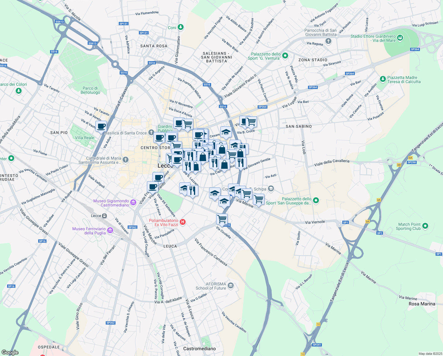 map of restaurants, bars, coffee shops, grocery stores, and more near 5 Via Tito Minniti in Lecce