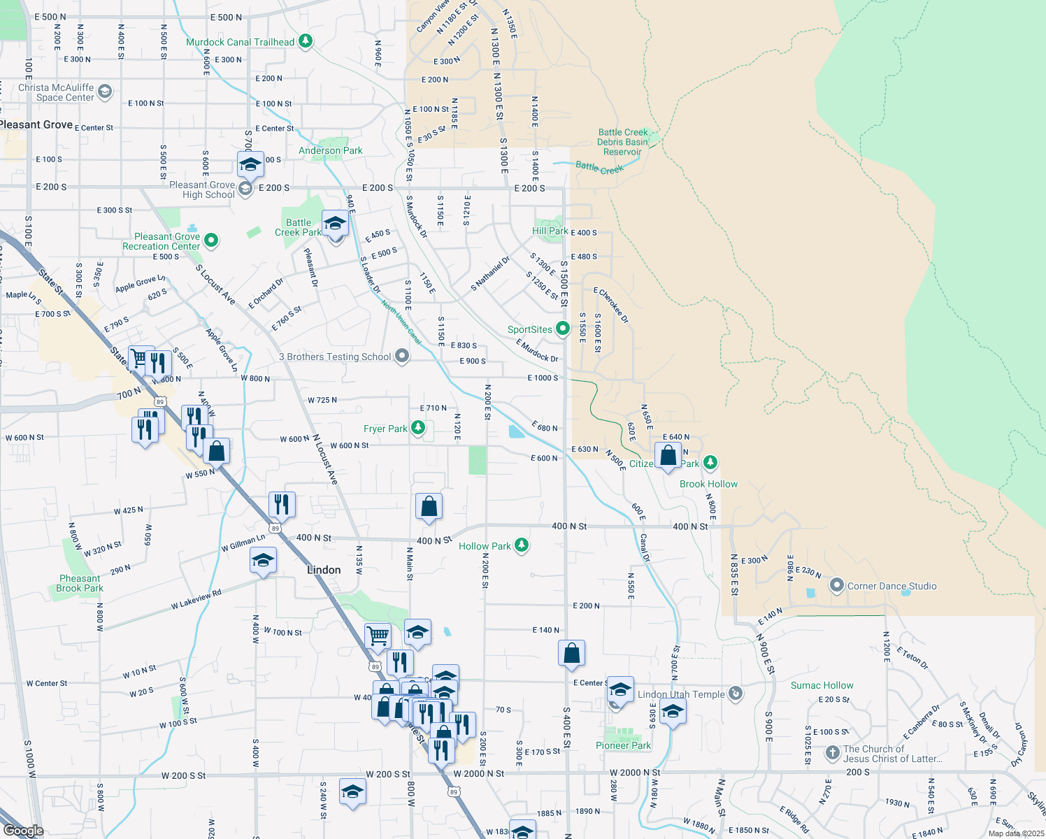 map of restaurants, bars, coffee shops, grocery stores, and more near 310 East 680 North in Lindon