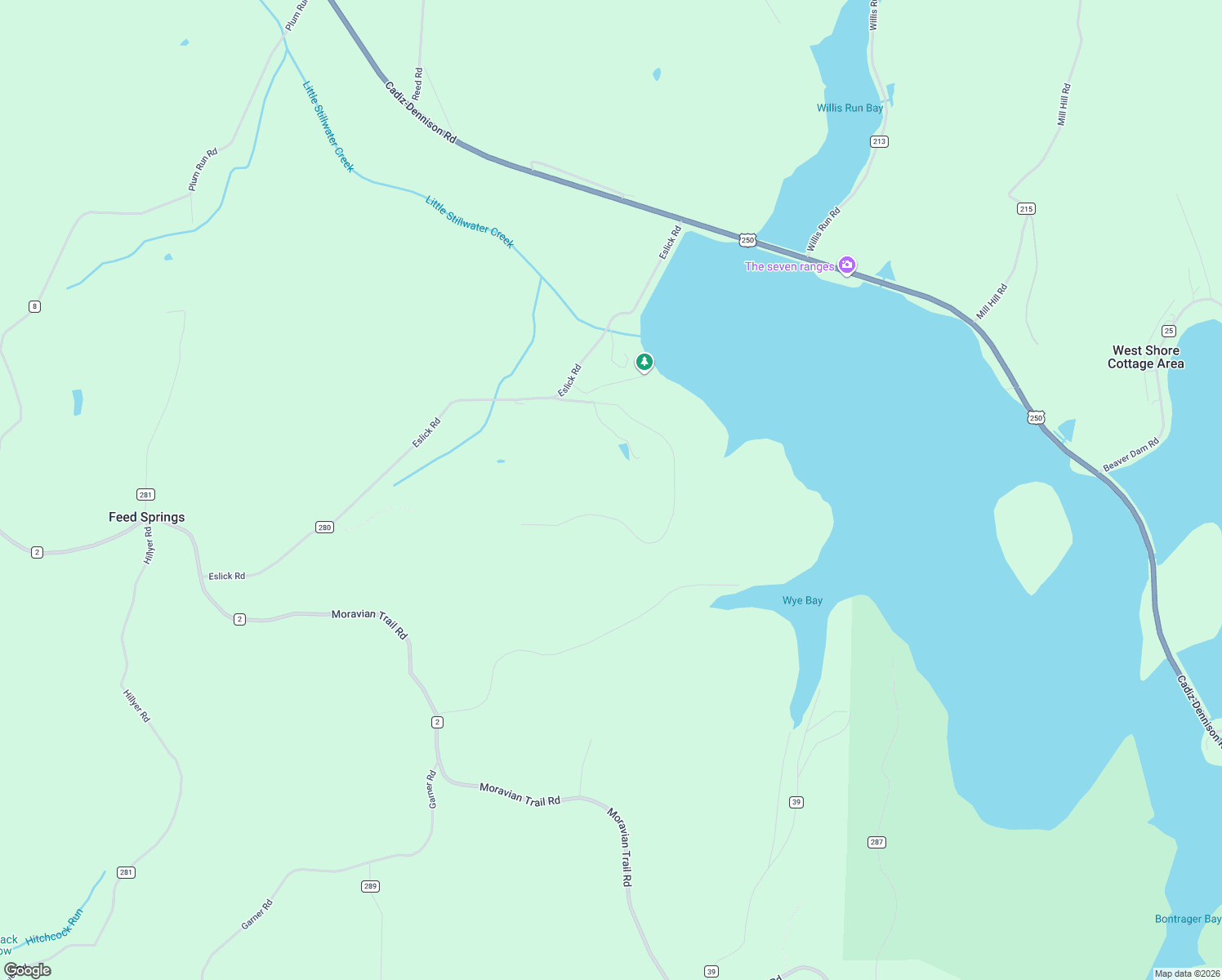 map of restaurants, bars, coffee shops, grocery stores, and more near 86170 Tappan Highlands Road in Uhrichsville