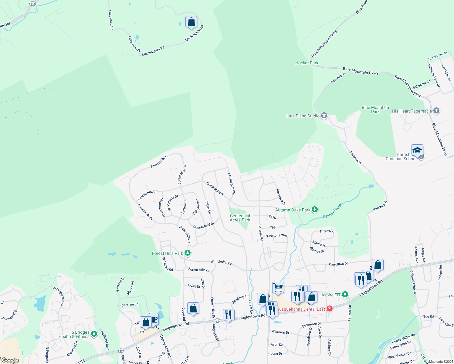 map of restaurants, bars, coffee shops, grocery stores, and more near 2410 Kensington Way in Harrisburg