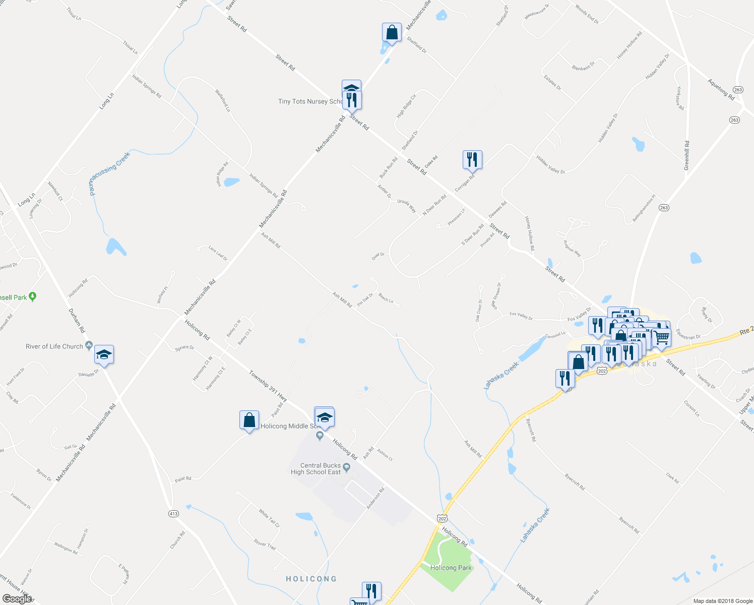 map of restaurants, bars, coffee shops, grocery stores, and more near 5543 Pin Oak Drive in Doylestown