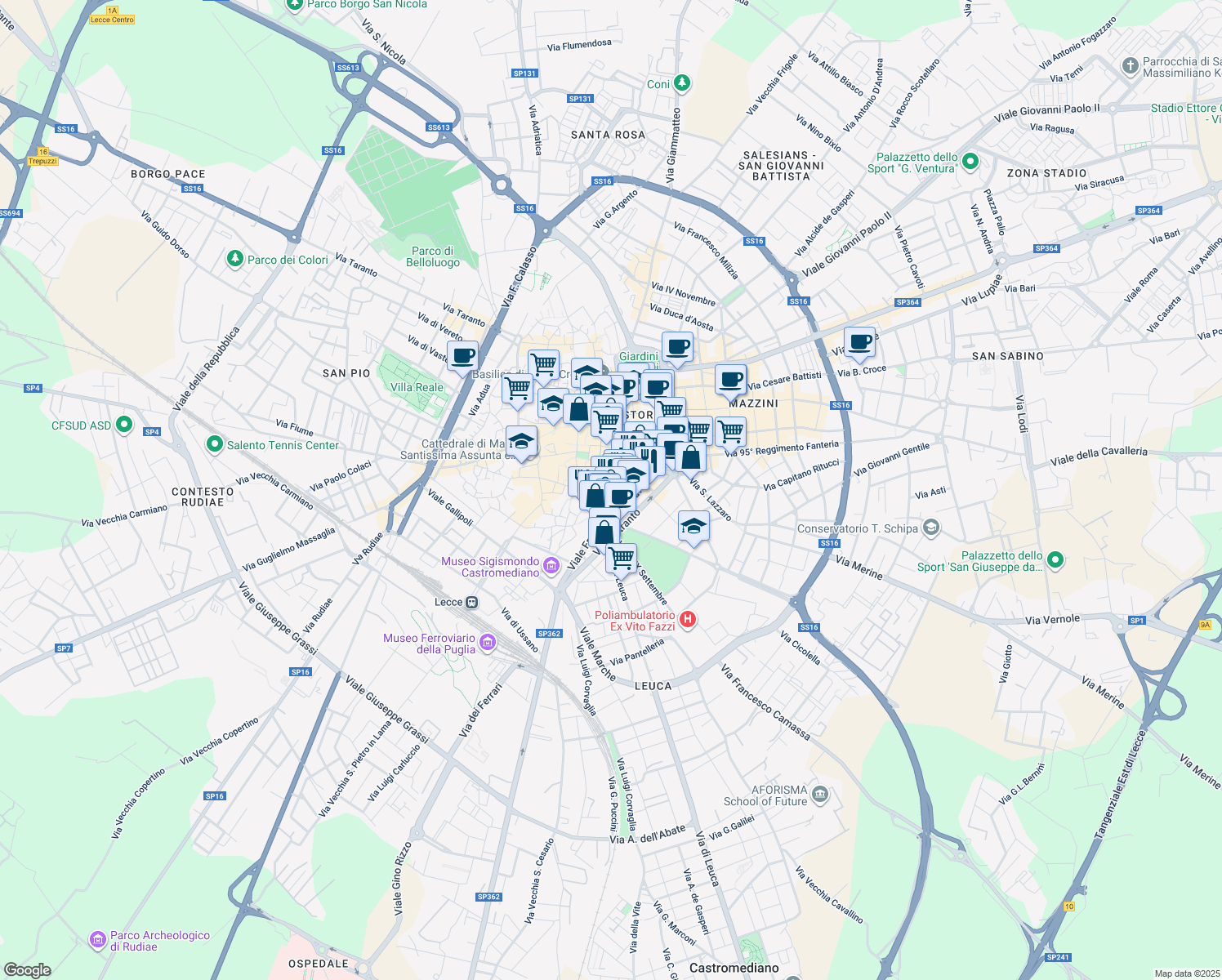 map of restaurants, bars, coffee shops, grocery stores, and more near 6 Via Gaetano Brunetti in Lecce