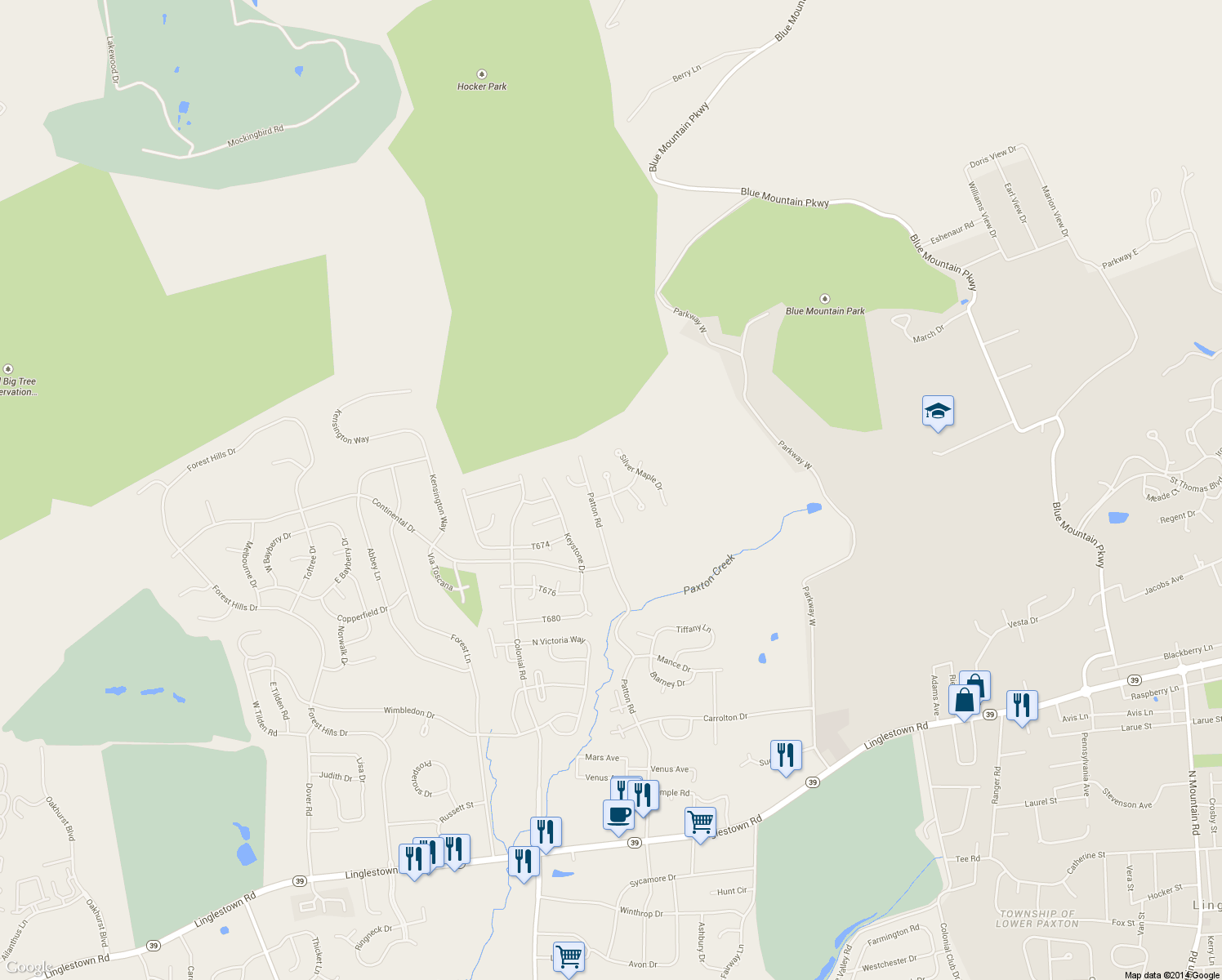 map of restaurants, bars, coffee shops, grocery stores, and more near 2729 Pin Oak Drive in Harrisburg