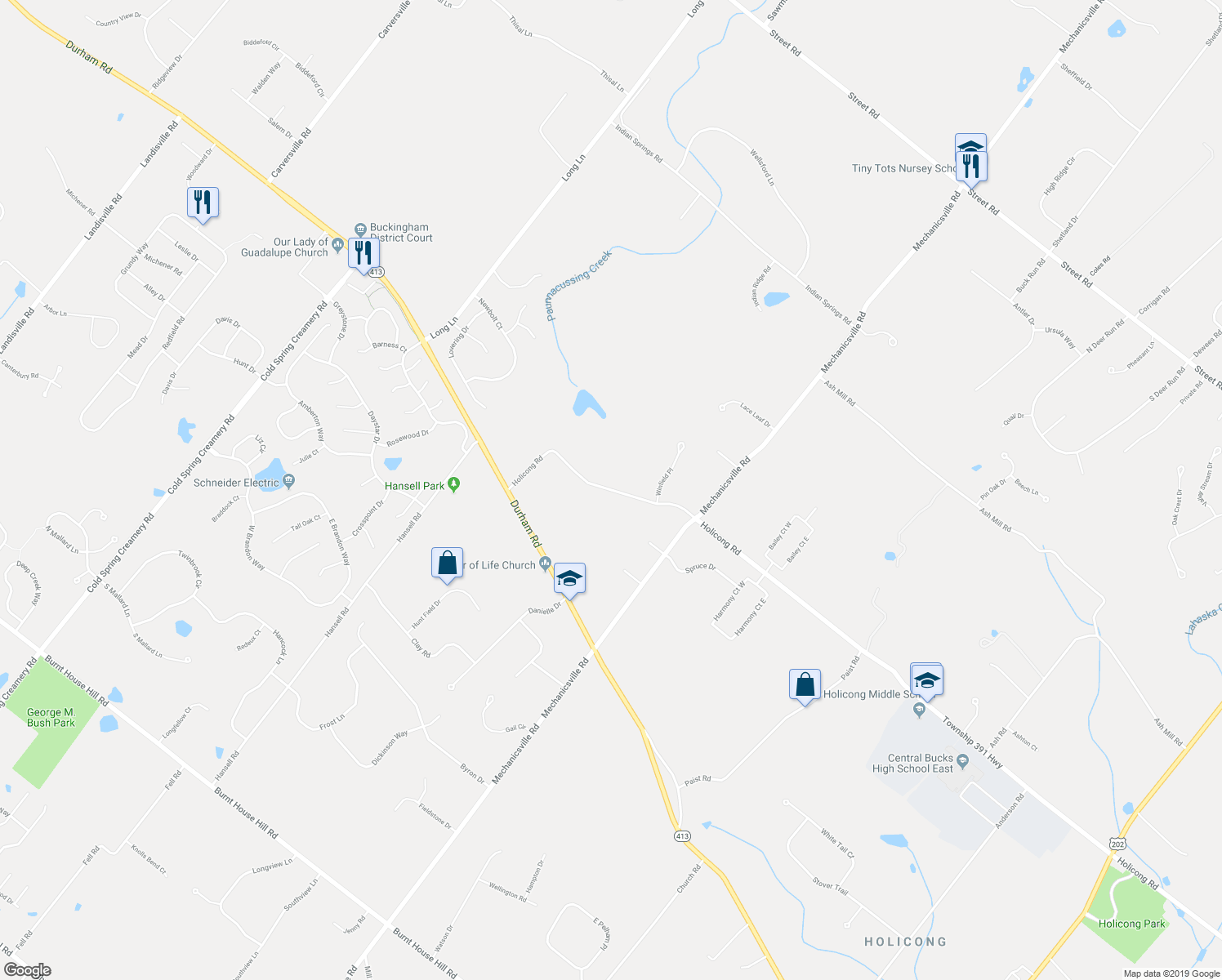 map of restaurants, bars, coffee shops, grocery stores, and more near 3446 Holicong Road in Doylestown