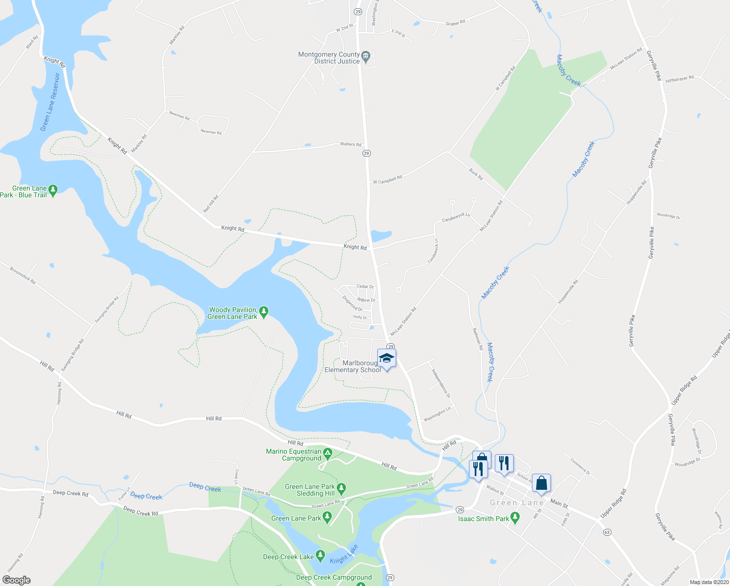 map of restaurants, bars, coffee shops, grocery stores, and more near 411 Oak Drive in Green Lane