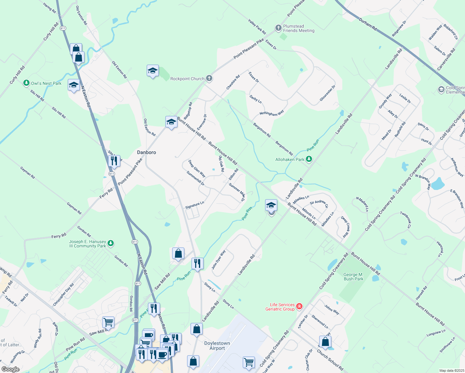 map of restaurants, bars, coffee shops, grocery stores, and more near 4492 Summer Meadow Drive in Doylestown