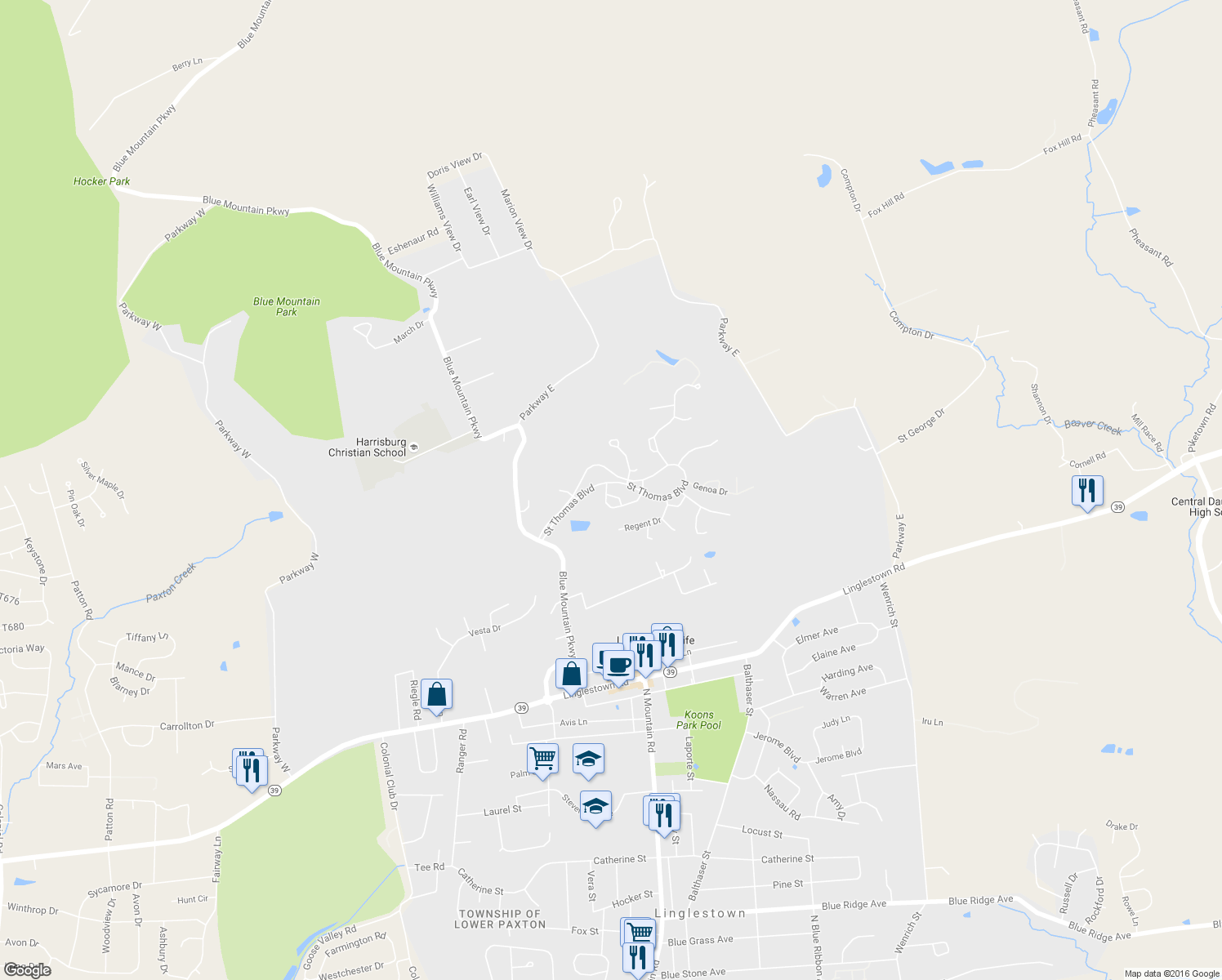 map of restaurants, bars, coffee shops, grocery stores, and more near 5950 Omar Court in Harrisburg