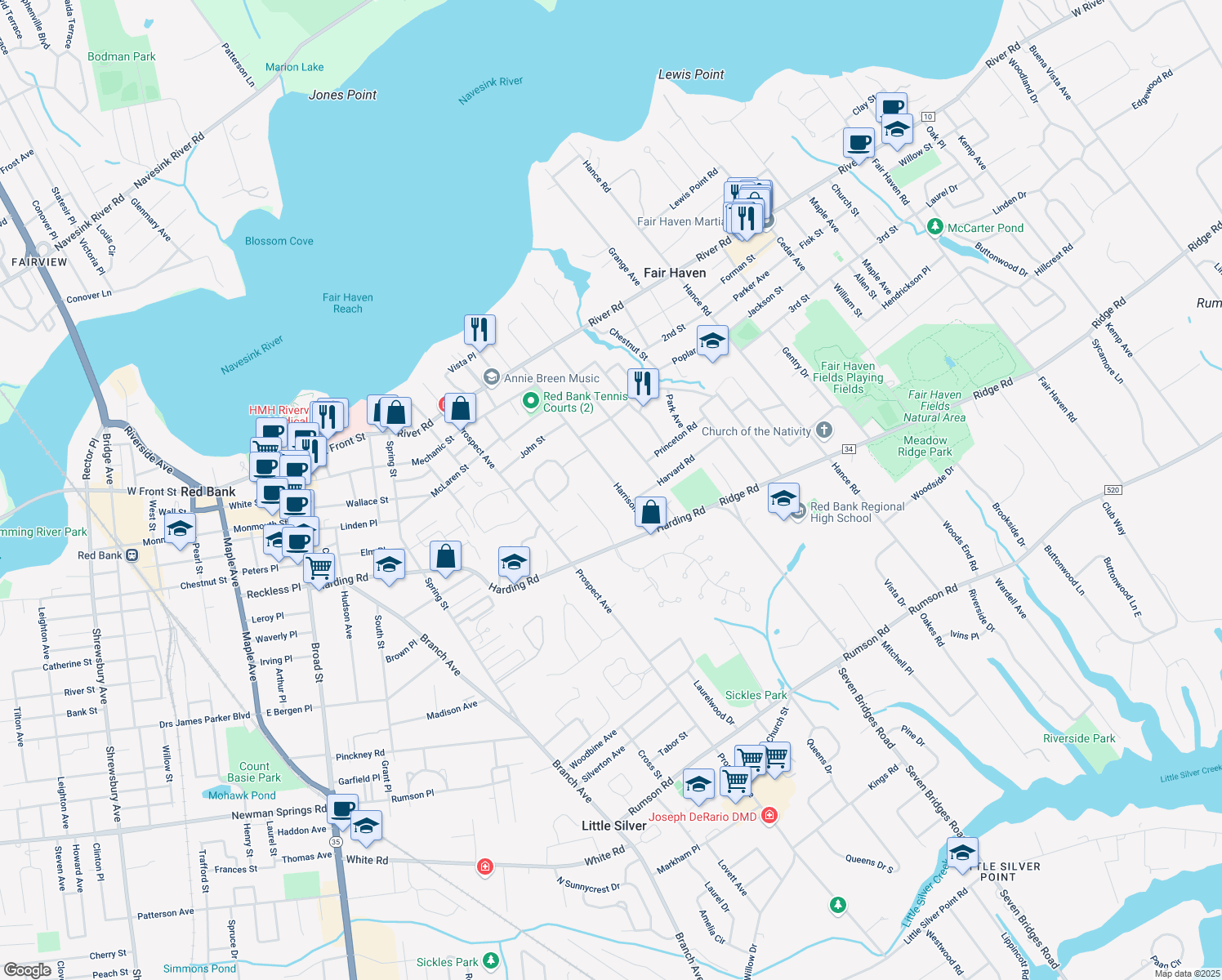 map of restaurants, bars, coffee shops, grocery stores, and more near 132 Harrison Avenue in Fair Haven