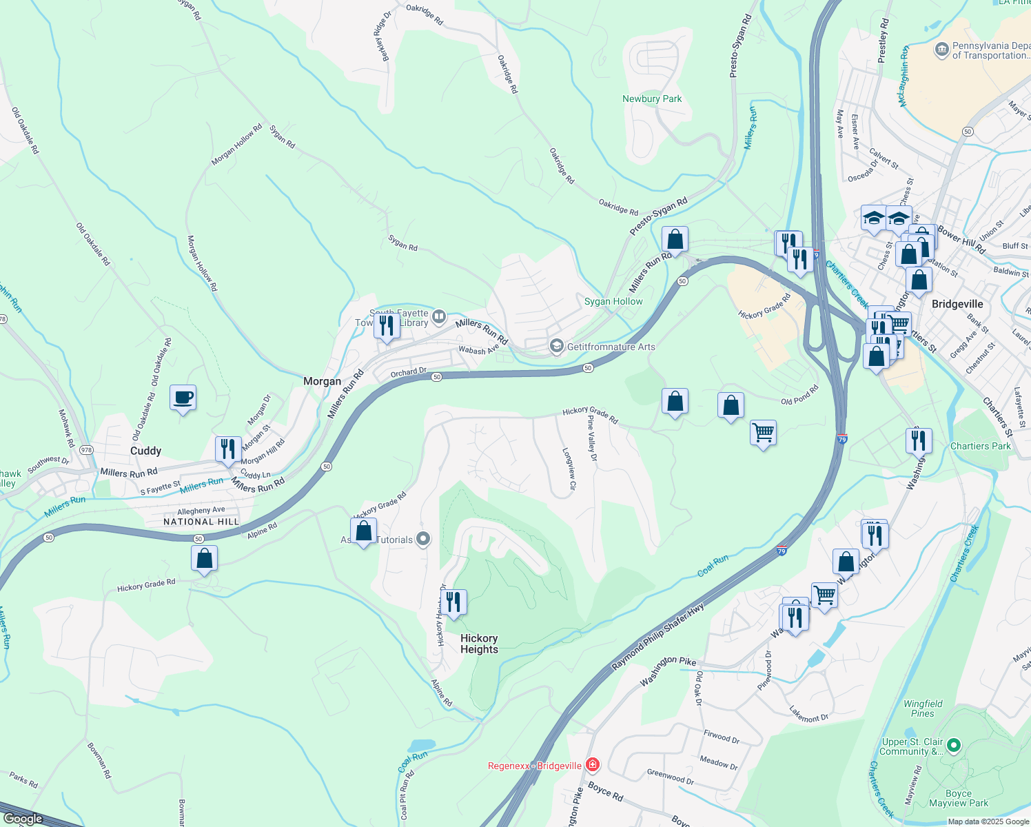 map of restaurants, bars, coffee shops, grocery stores, and more near 360 Hickory Grade Road in Bridgeville