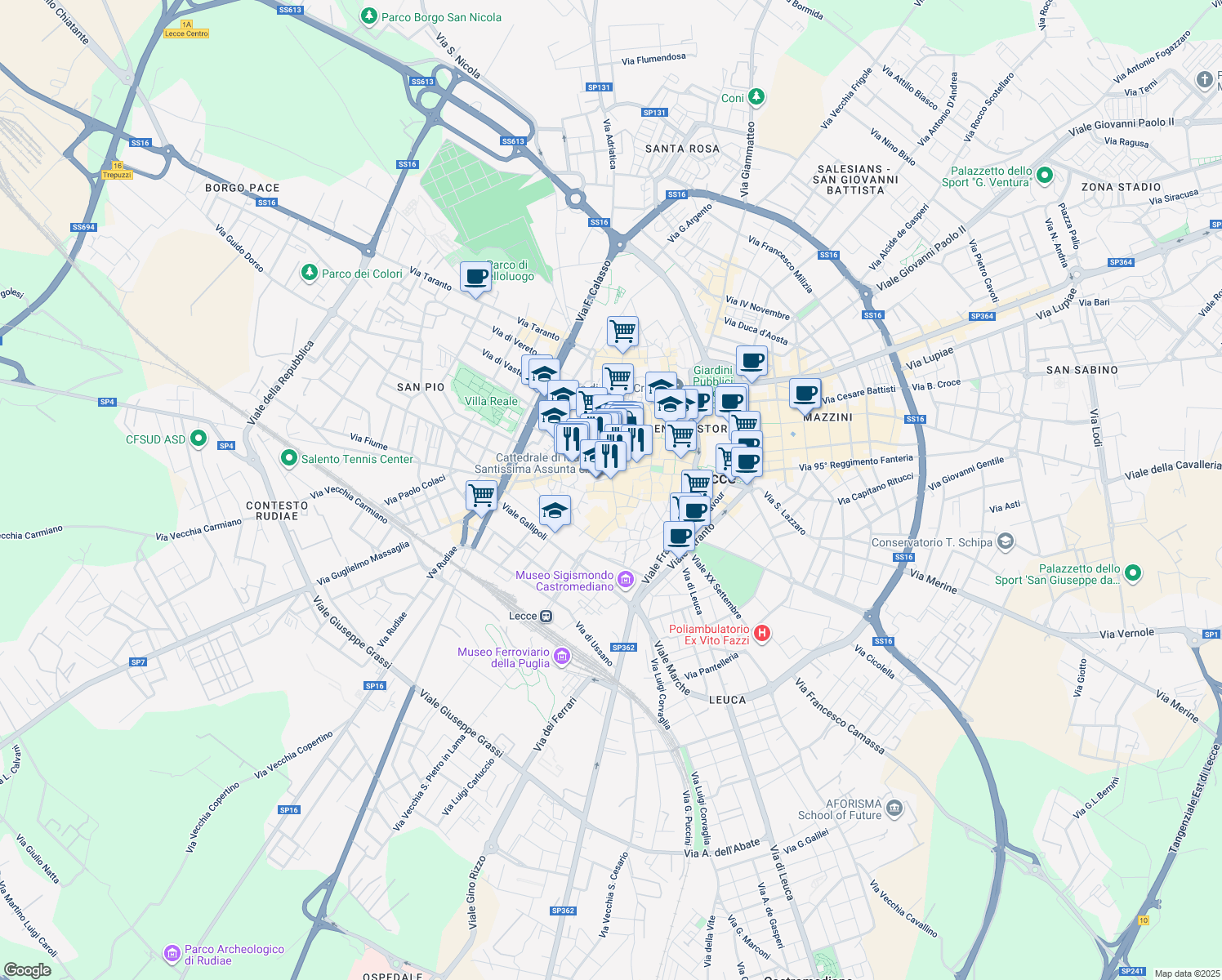 map of restaurants, bars, coffee shops, grocery stores, and more near 17 Via Luisa Amalia Paladini in Lecce