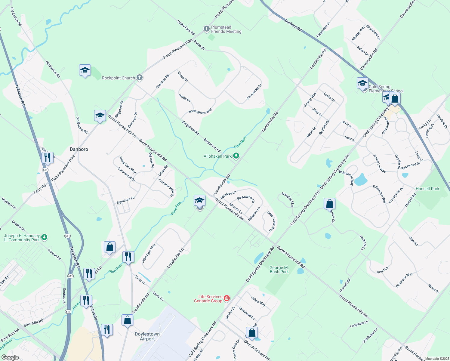 map of restaurants, bars, coffee shops, grocery stores, and more near 4581 Landisville Road in Doylestown