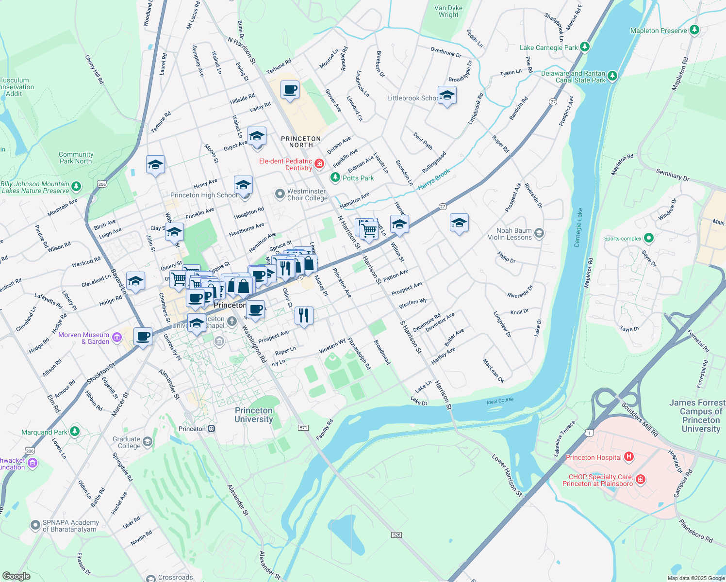 map of restaurants, bars, coffee shops, grocery stores, and more near 51 Patton Avenue in Princeton