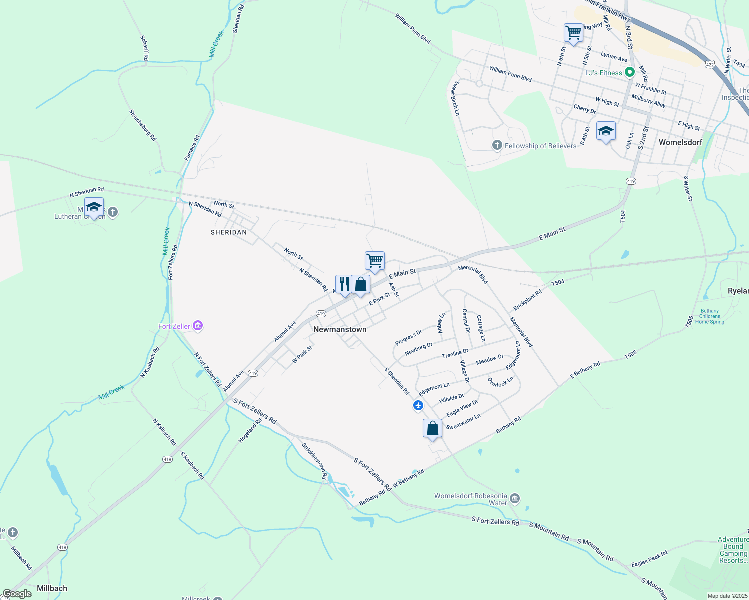 map of restaurants, bars, coffee shops, grocery stores, and more near 17 South Parish Avenue in Newmanstown