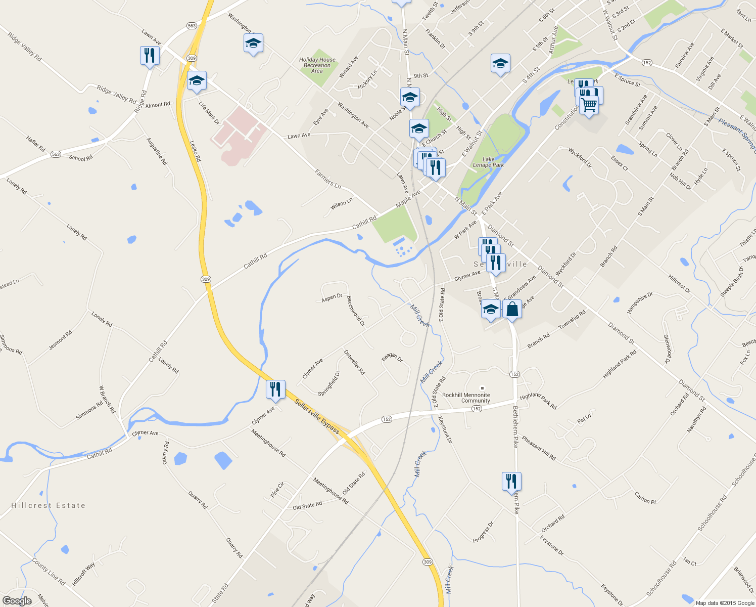 map of restaurants, bars, coffee shops, grocery stores, and more near 1130 Millcreek Road in Sellersville