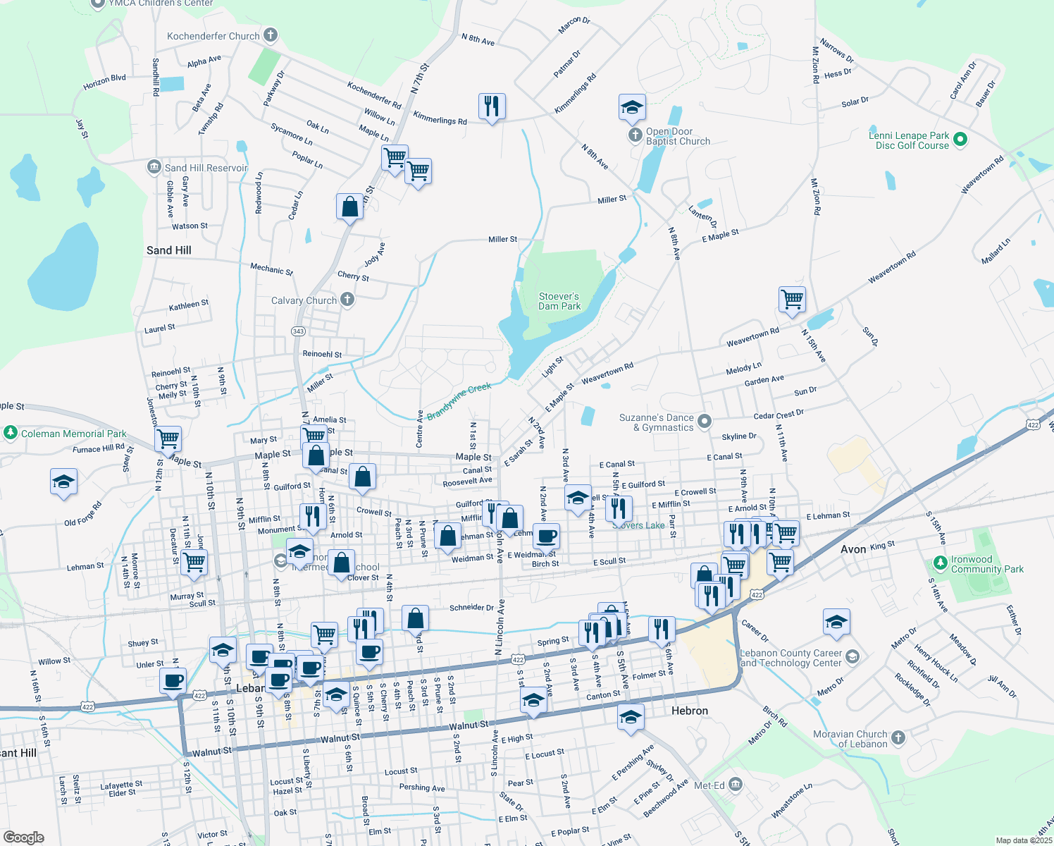 map of restaurants, bars, coffee shops, grocery stores, and more near 137 East Maple Street in Lebanon