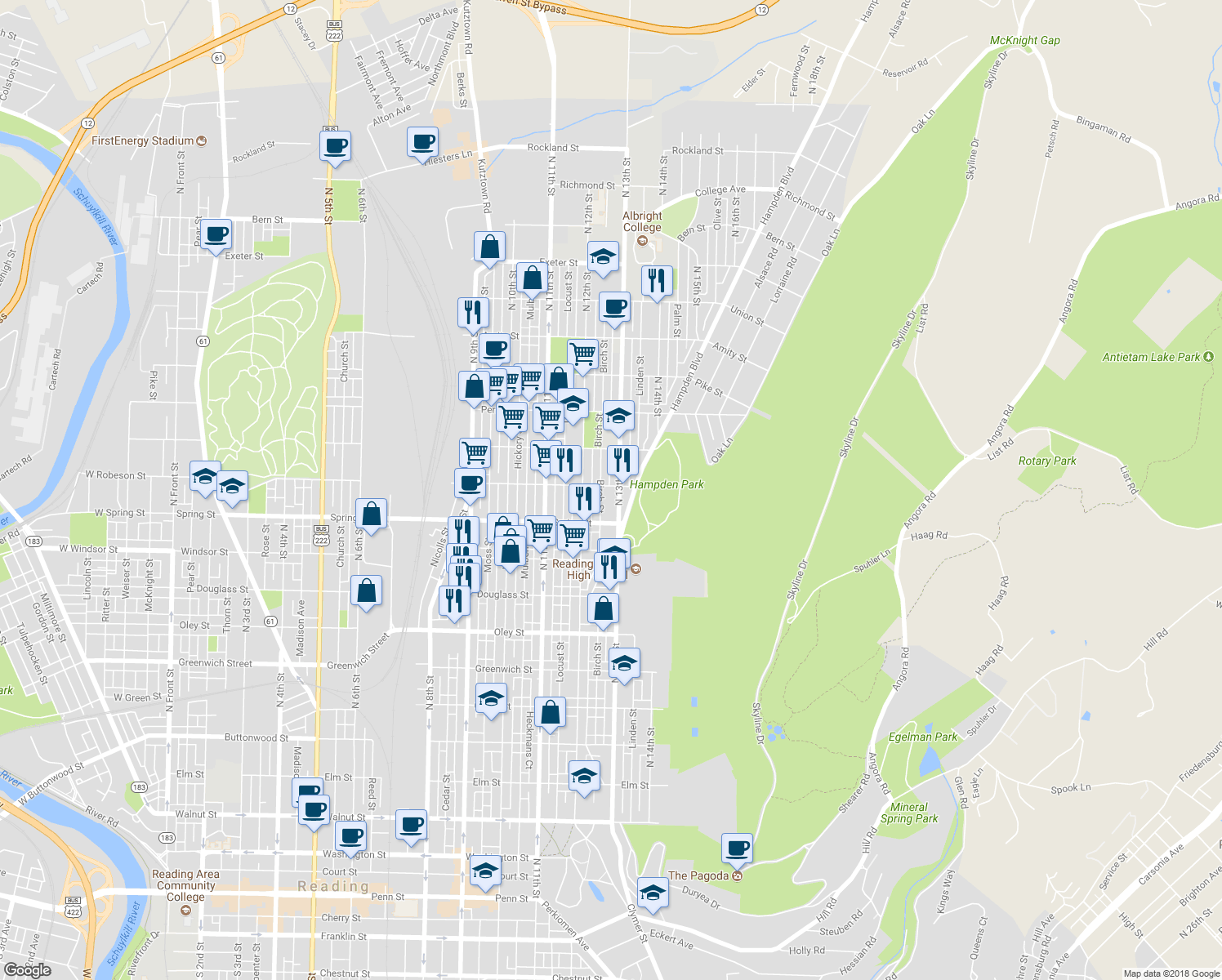 map of restaurants, bars, coffee shops, grocery stores, and more near 1236 Robeson Street in Reading