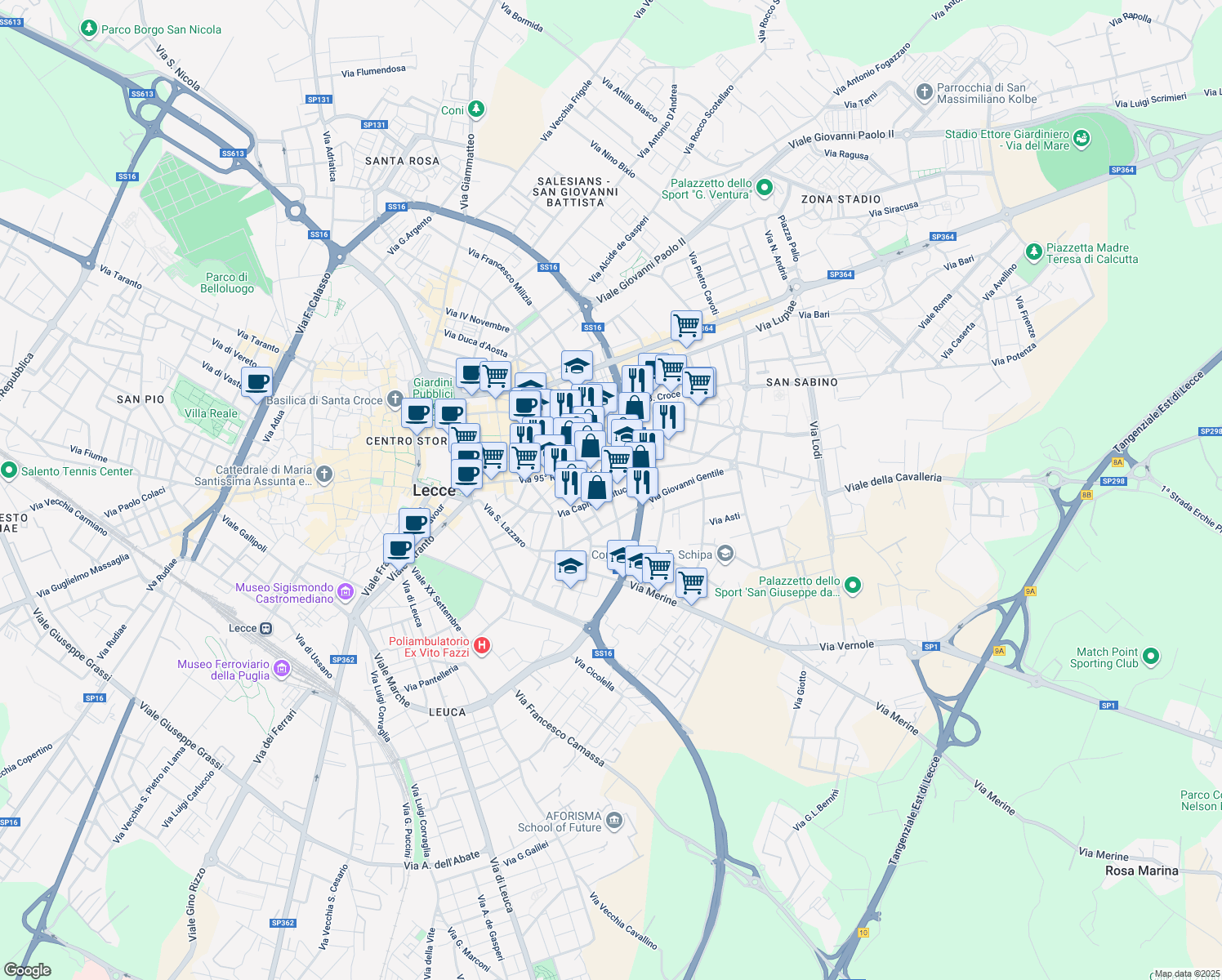 map of restaurants, bars, coffee shops, grocery stores, and more near 22-26 Via Capitano Ritucci in Lecce